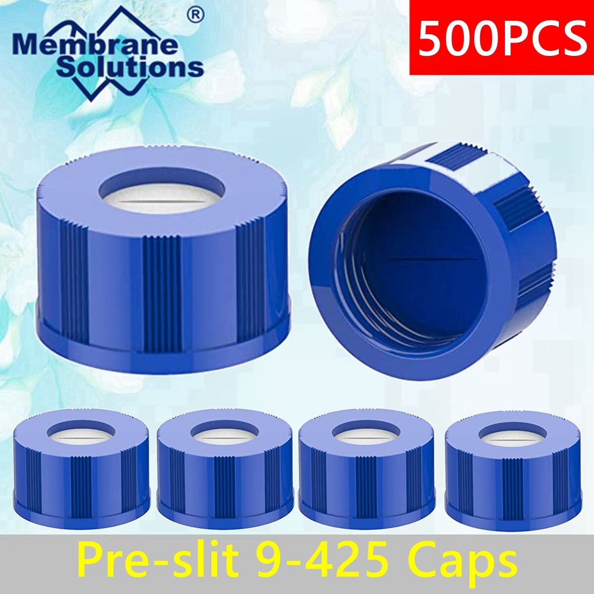 500-9mm Screw Caps w/ Blue PTFE&White Silicone Pre-Slit Septa fit 9-425HPLC Vial
