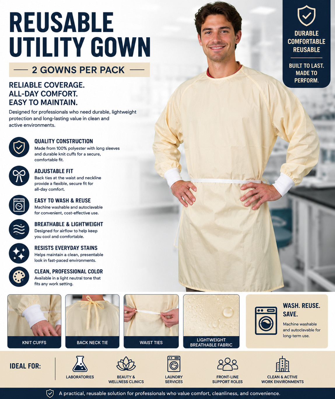 Reusable Utility Gown (2-Pack) Washable Protective Lab, Veterinary, Salon, Gown