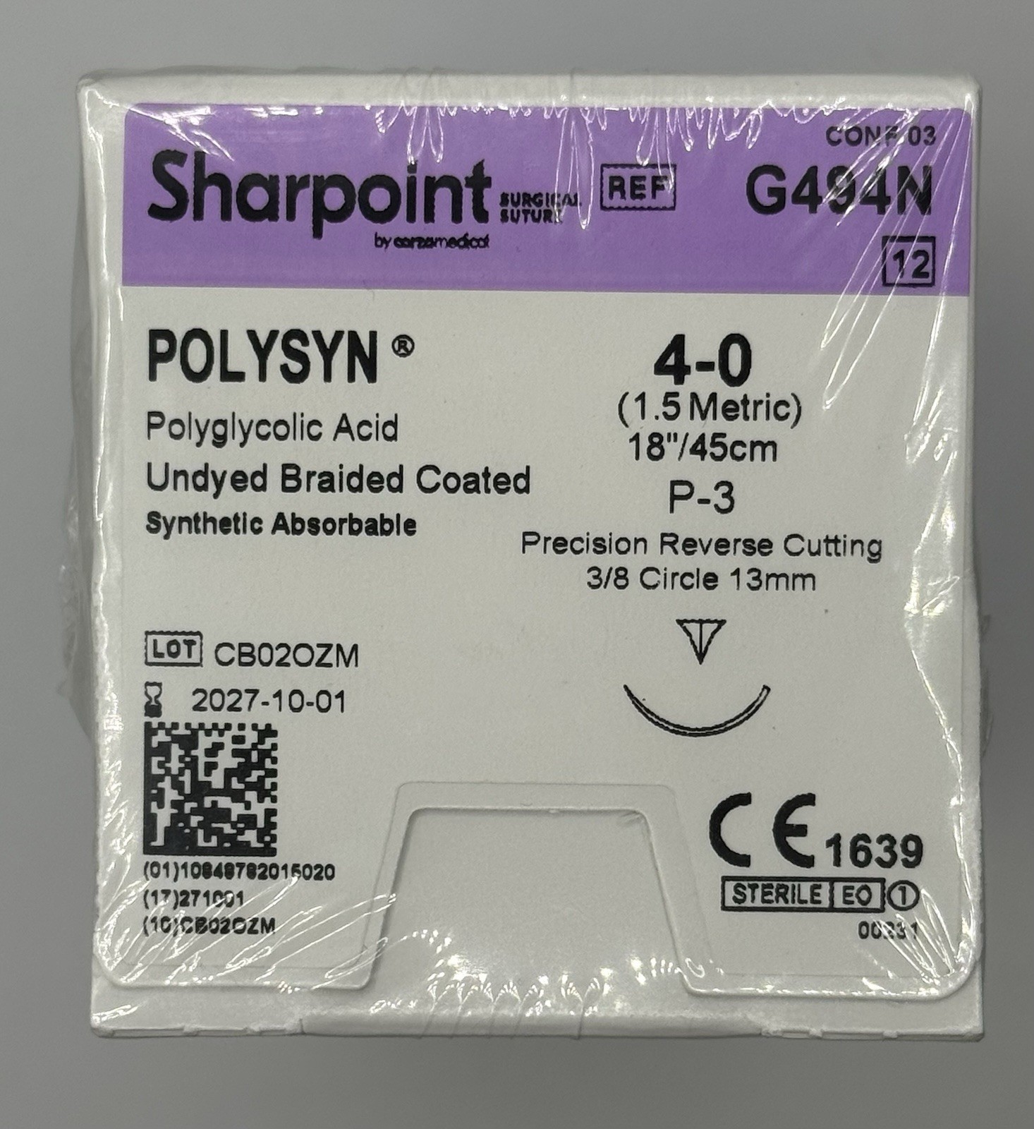 Sharpoint Polysyn 4-0 Absorbable Suture P-3 Reverse Cutting REF G494N