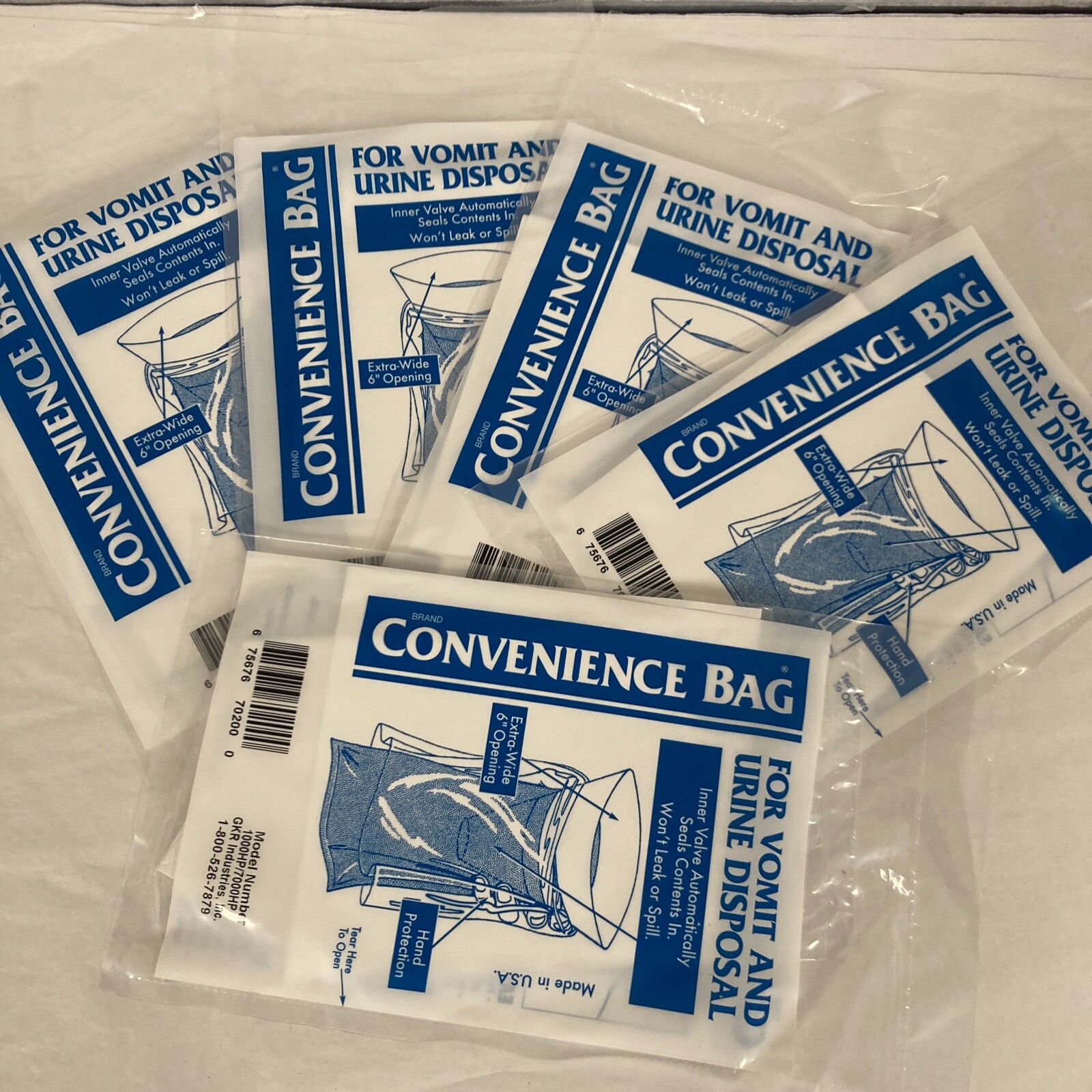 Convenience Emesis Bag Model GKR # 1000/7000 White, X-wide 6″ opening, lot of 5