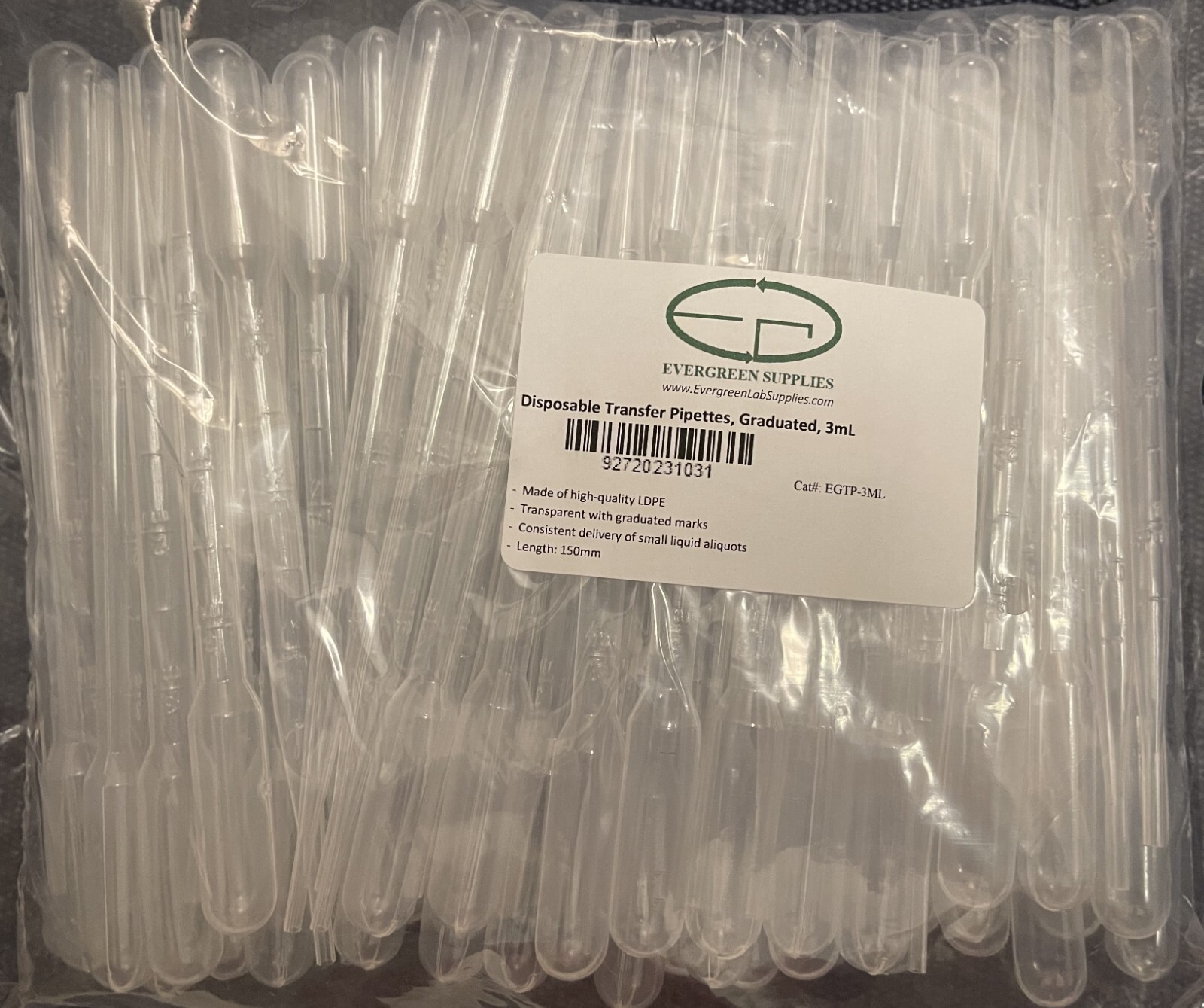 Disposable Pasteur Transfer Pipettes, Plastic, Graduated, 100pcs, 3mL
