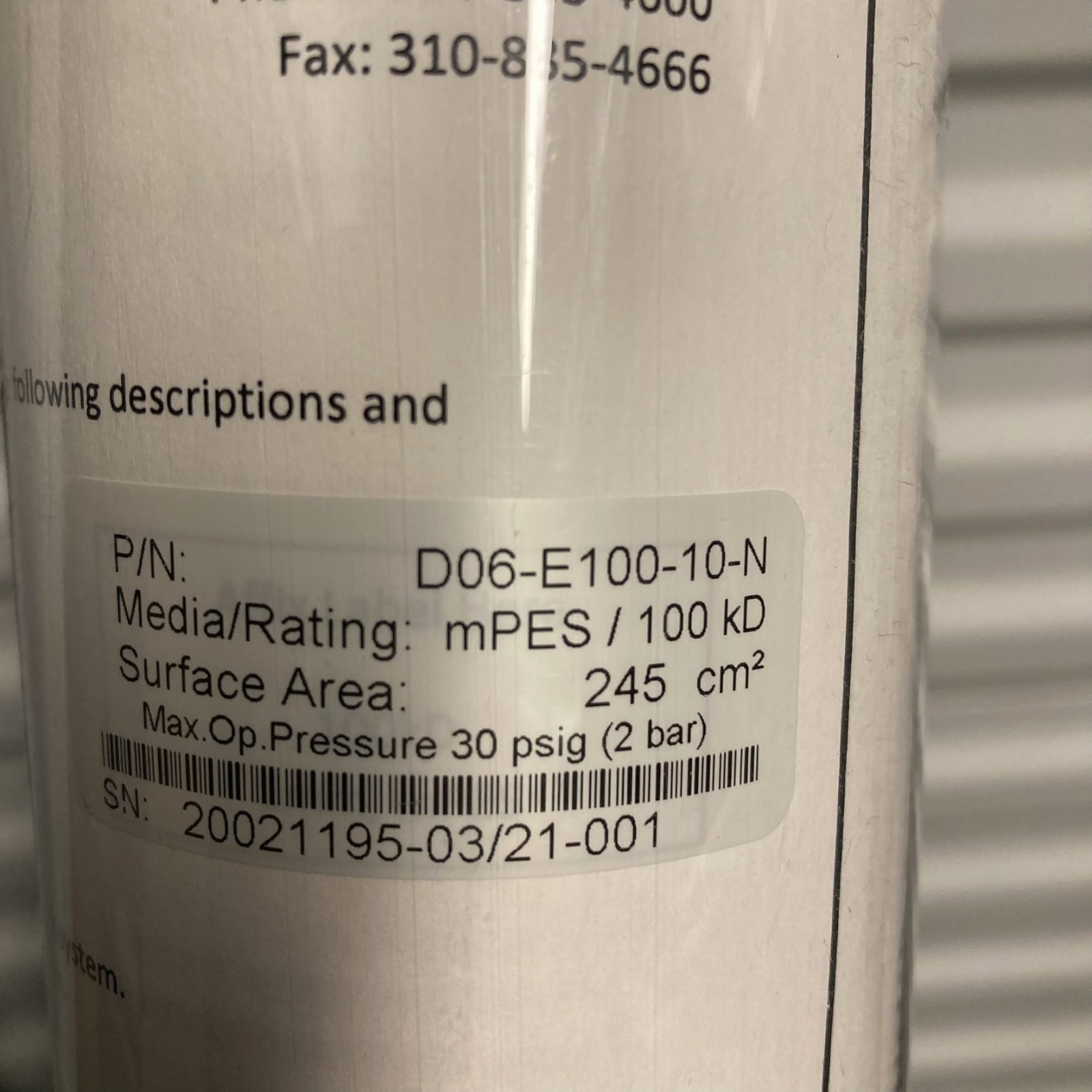 [New] Repligen MidiKros Hollow Fiber Filter mPES 100kD D06-E100-10-N