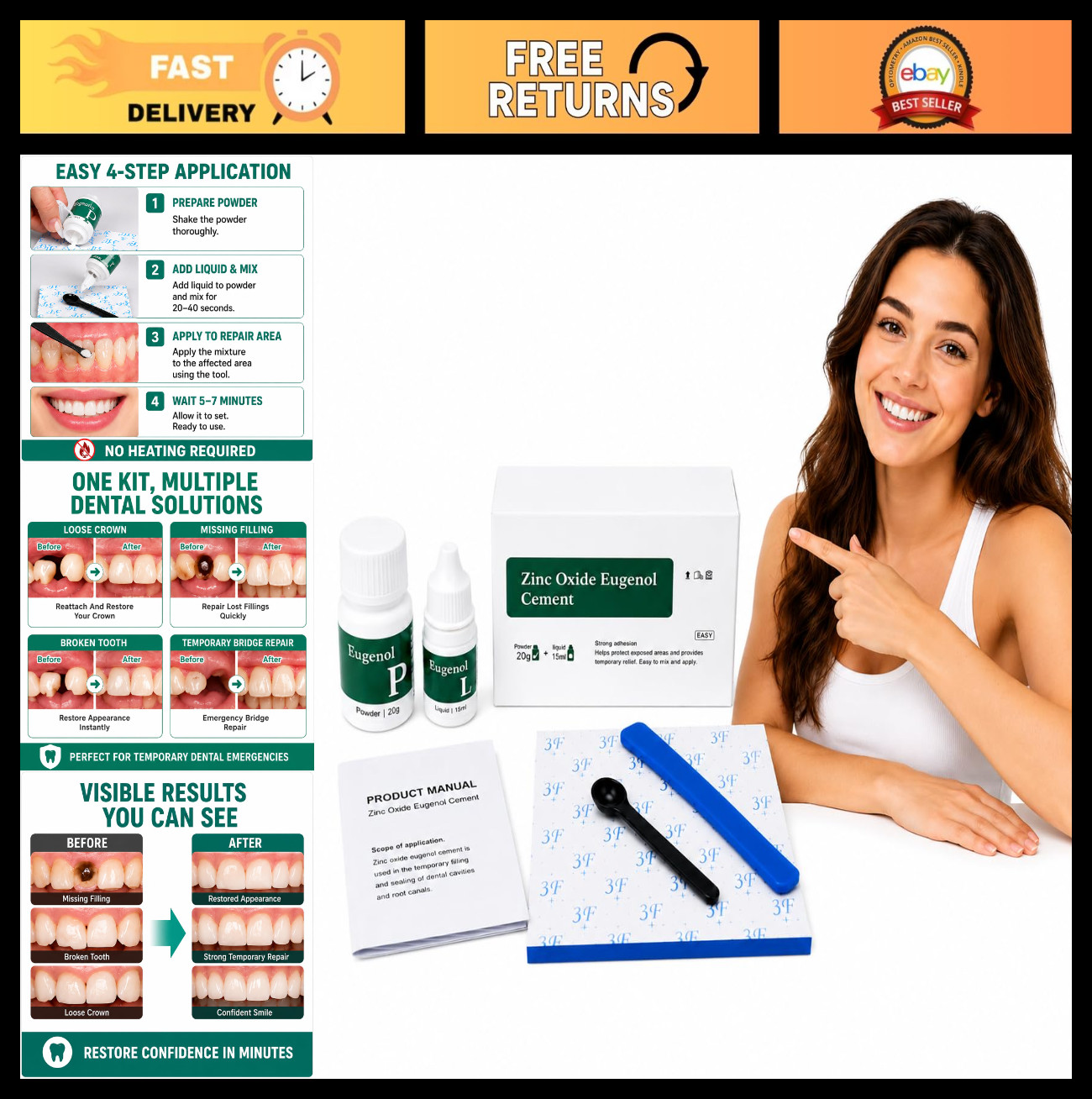 Zinc Oxide Eugenol Dental Cement Kit for Temporary Crowns & Bridges Repair