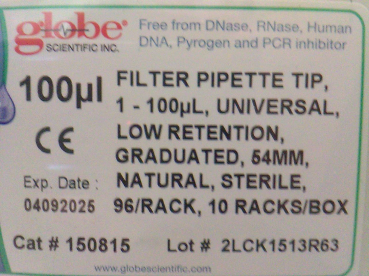 Globe Scientific Filter Pipette Tip 1.0 to 100uL Universal Sterile 150815