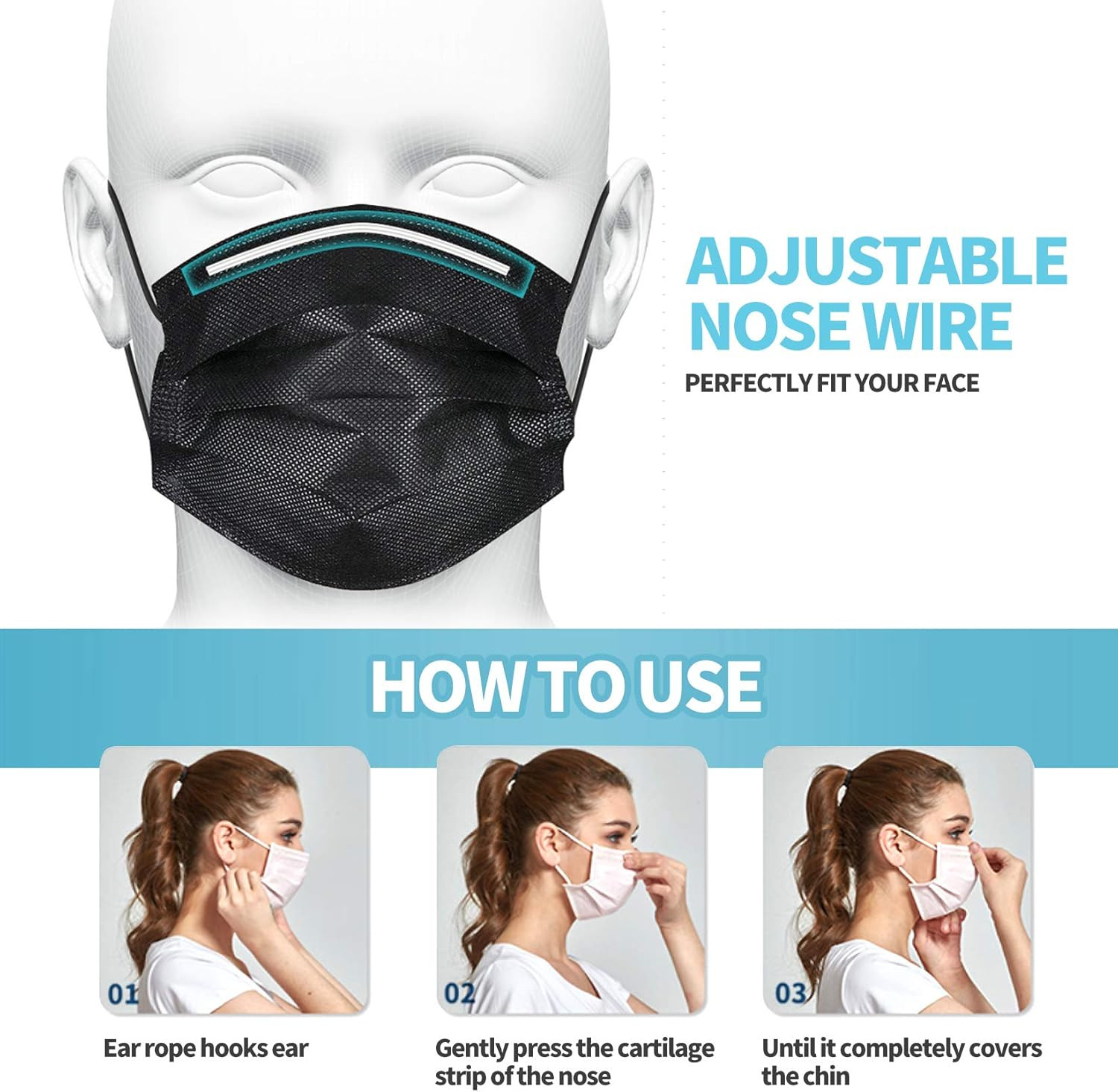 Black Disposable Face Masks 4 Layers Protection 50Pcs, Breathable Dust Mask Mout