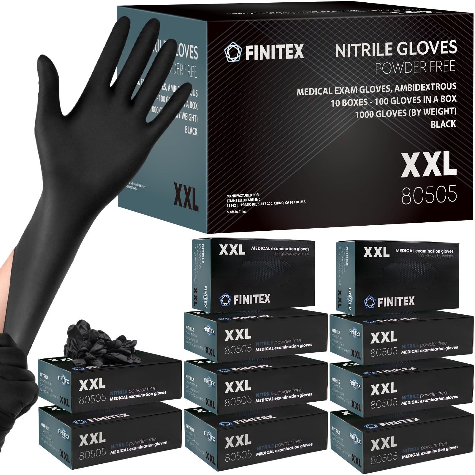 FINITEX Black Nitrile Disposable Medical Exam Gloves 5 Large, Case of 1000