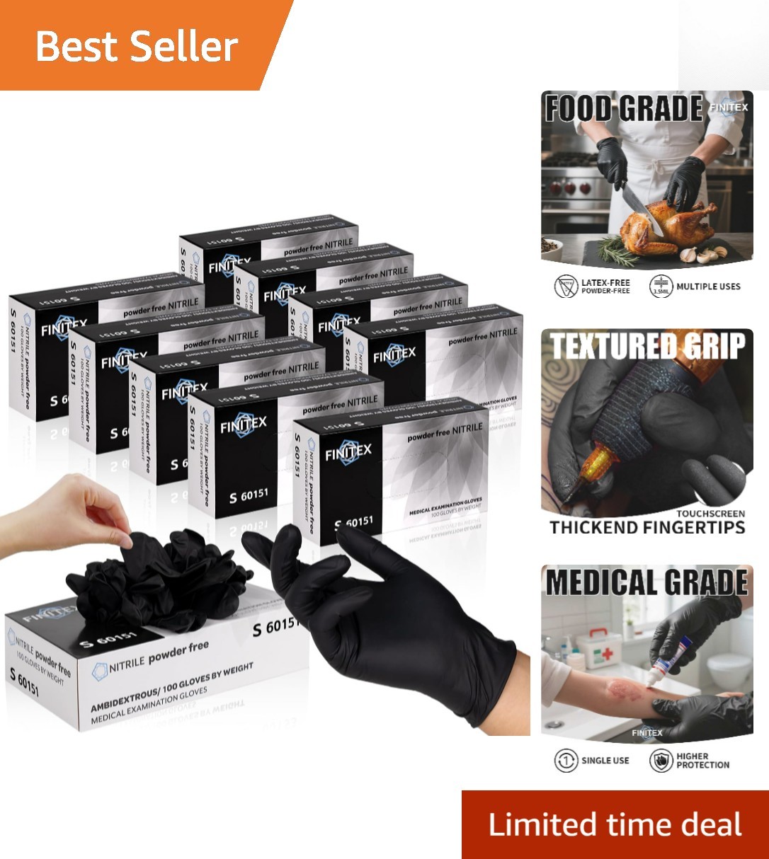 Ambidextrous Black Nitrile Disposable Gloves – 3mil, Powder Free & Textured Grip