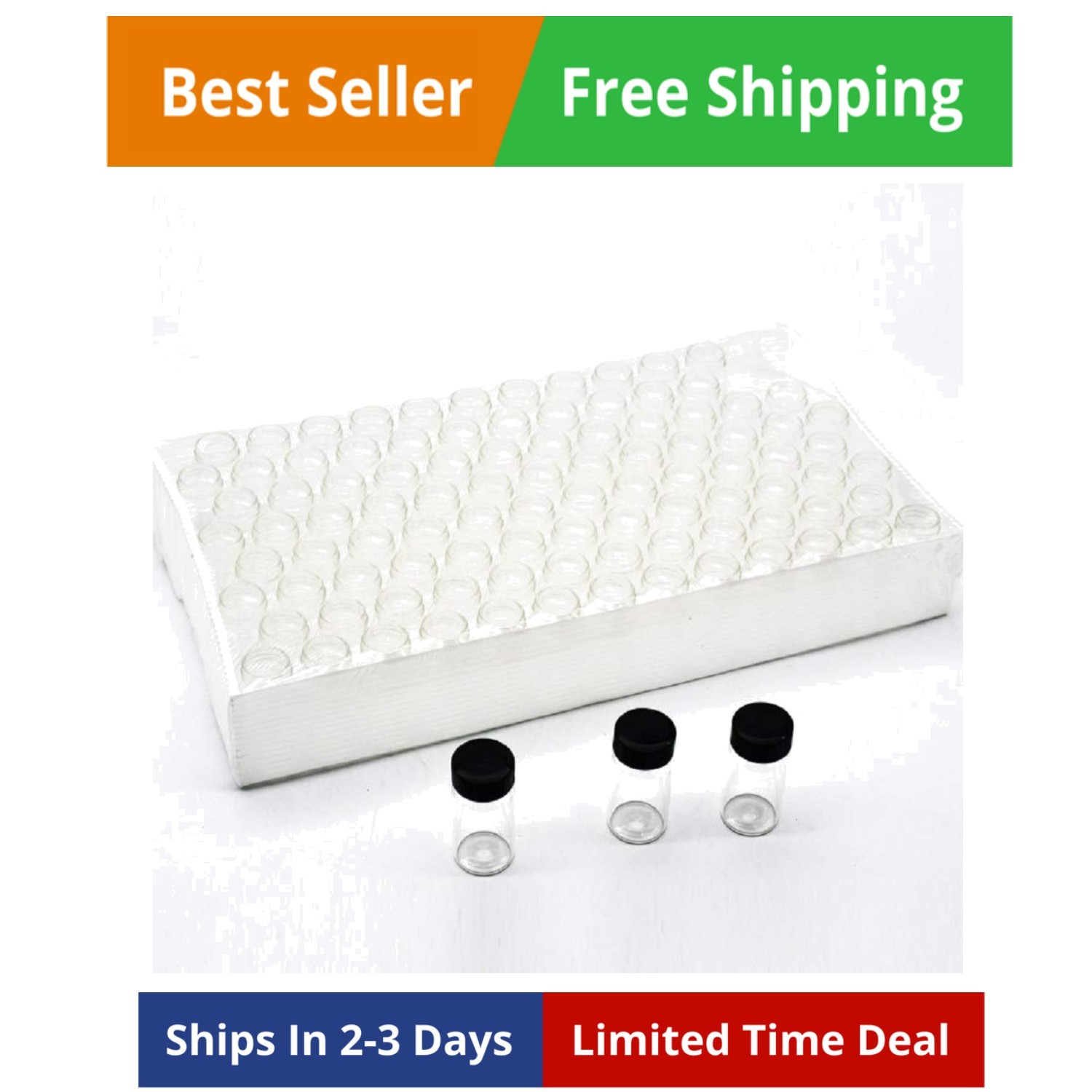Pack of 100 Glass Vials with Black Phenolic Screw Caps 2ml, Clear