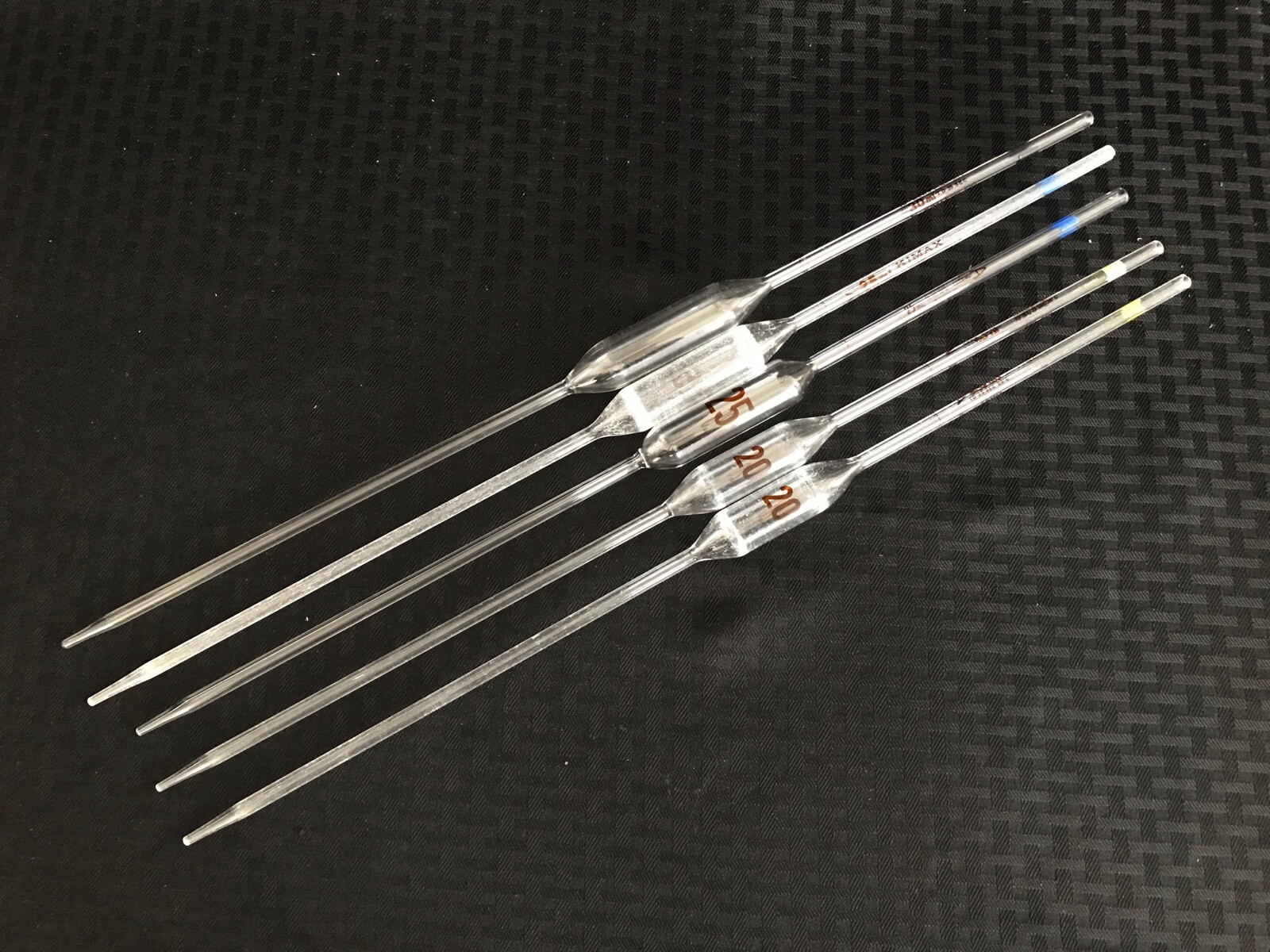(Lot of 5) KIMAX FISHERBRAND 20mL 25mL 30mL Glass TD Volumetric Pipets 37004 B