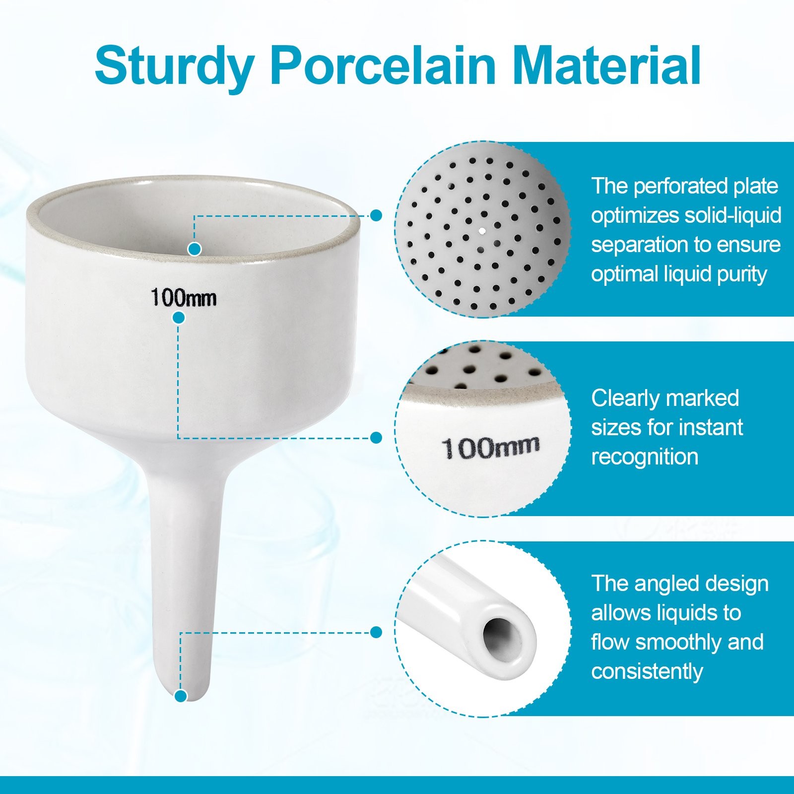 100mm Porcelain Buchner Funnel w/ Perforated Plate&9 Adapters for Lab Filtering