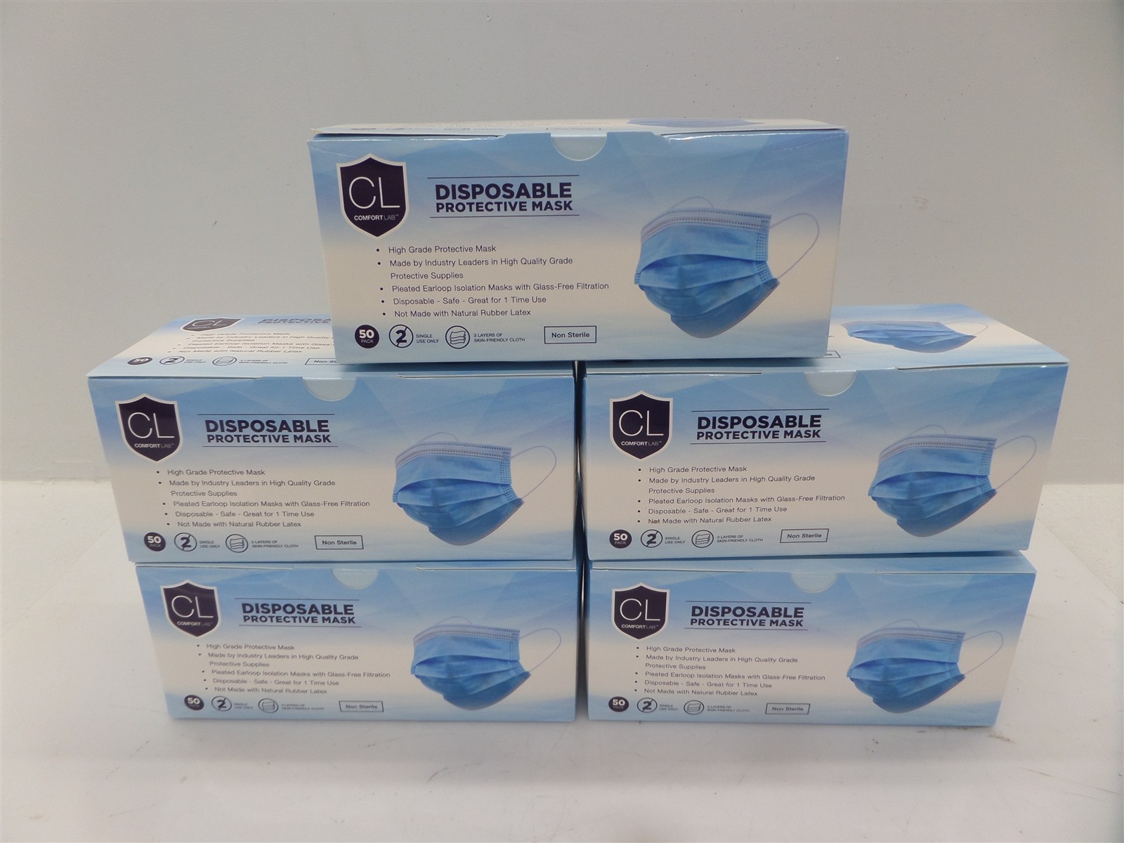 Lot Of 5 Comfort Lab 50-Pack 3-Ply High Grade Disposable Protective Masks