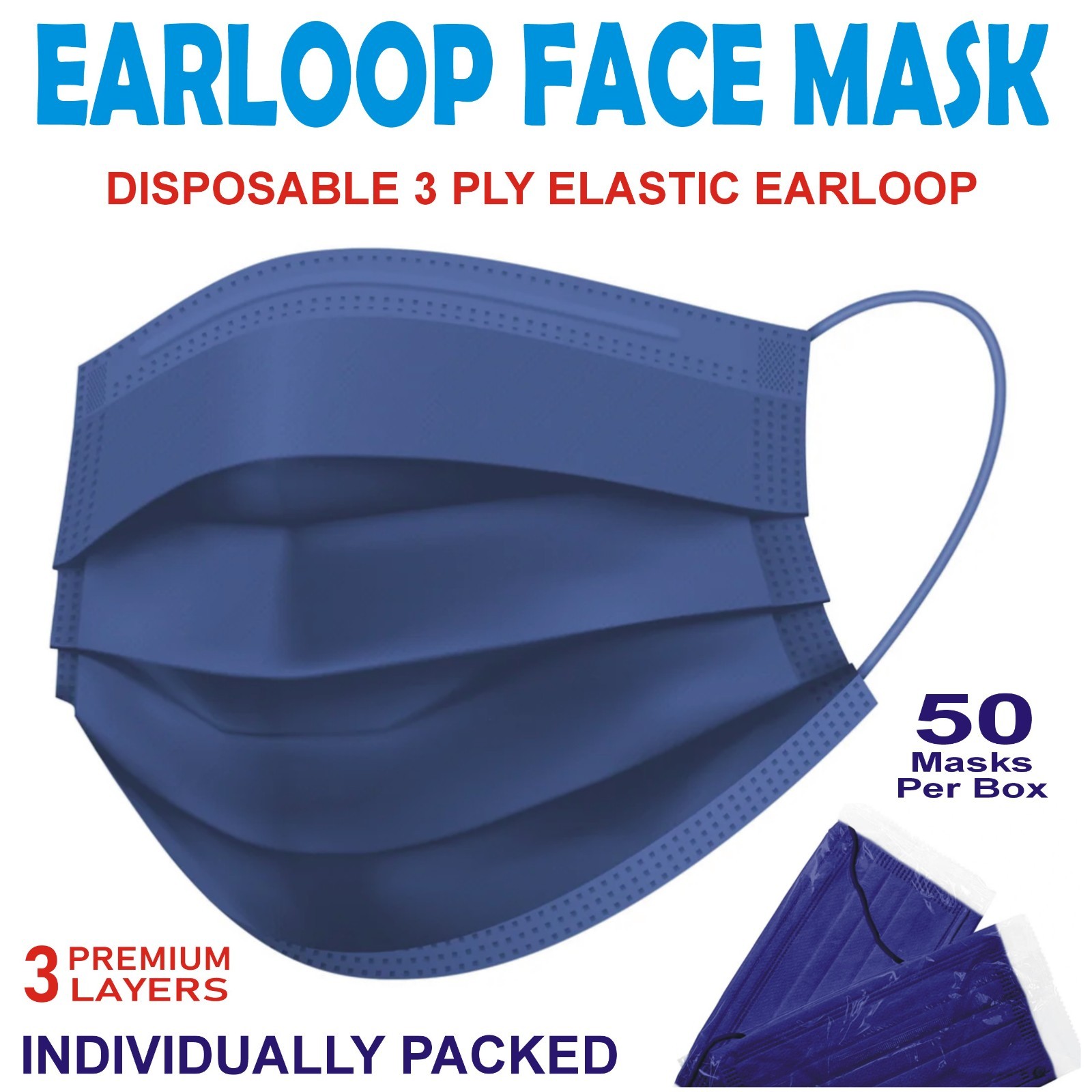 Disposable Face Masks 3-Ply Adult Protective Face Cover – Individual Wraps
