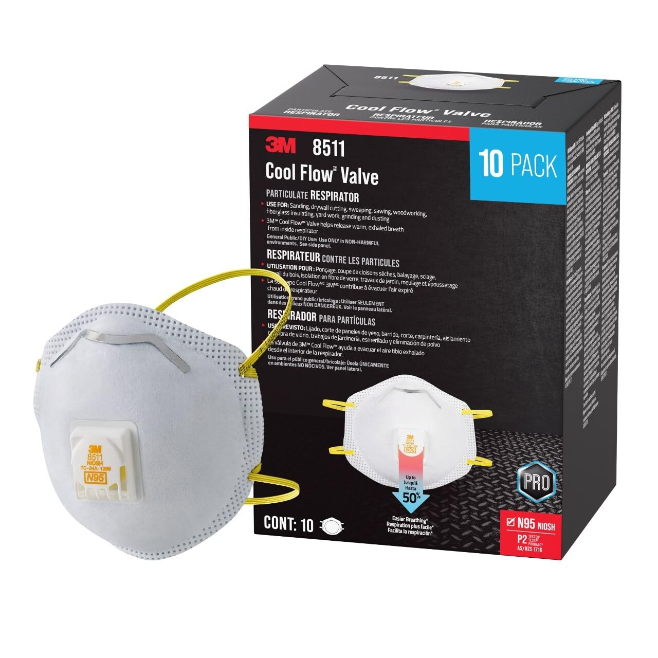 3M N95 Respirator 8511, 10 Pack, NIOSH-APPROVED N95, Features 3M COOL FLOW Ex…