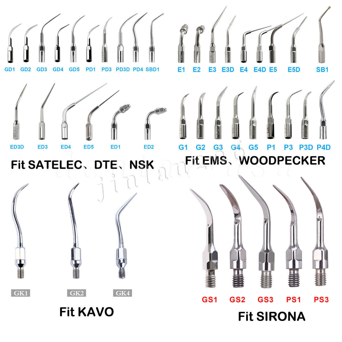 50 Types Dental Ultrasonic Scaler Tips Scaling Endo Perio G P E Fit for EMS NSK
