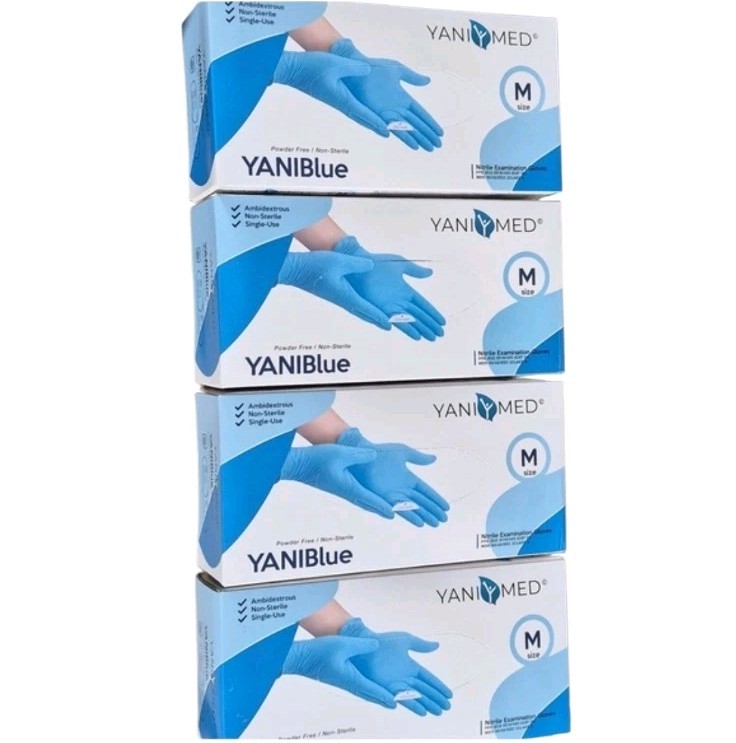 4 YANIBlue Salon/Examination Essentials Blue Nitrile Gloves, 100 a Box-Medium.