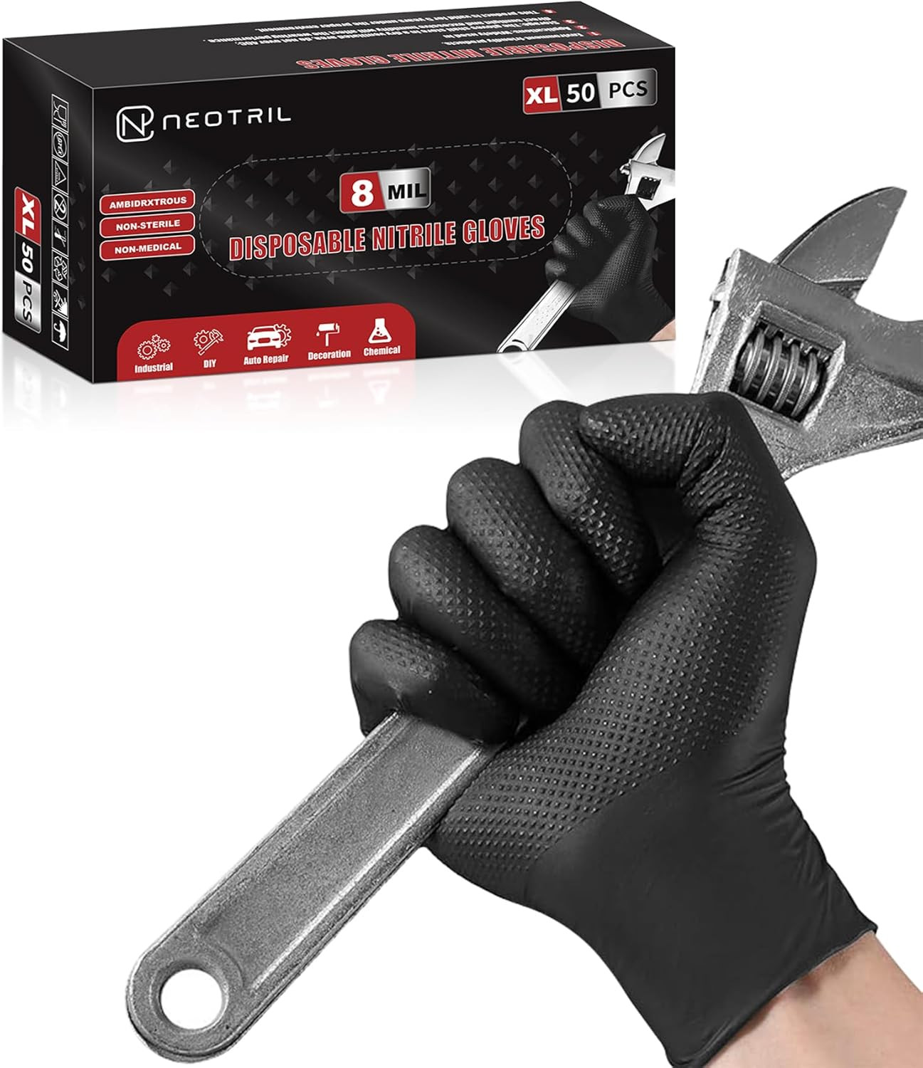 NEOTRIL 8 Mil Heavy Duty Disposable Nitrile Gloves with Diamond Texture Grip Rub
