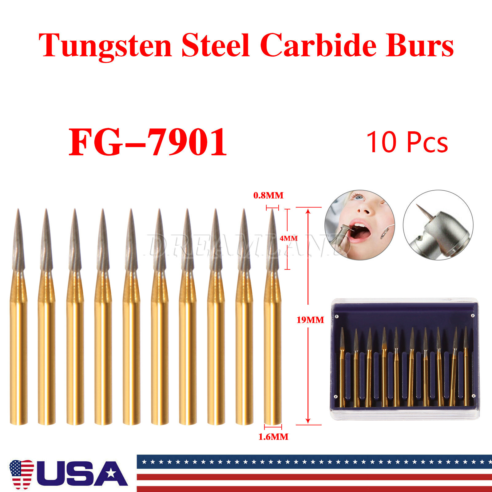 10 Pcs Dental Tungsten Carbide Trimming & Finishing Burs Drill Flame FG 7901