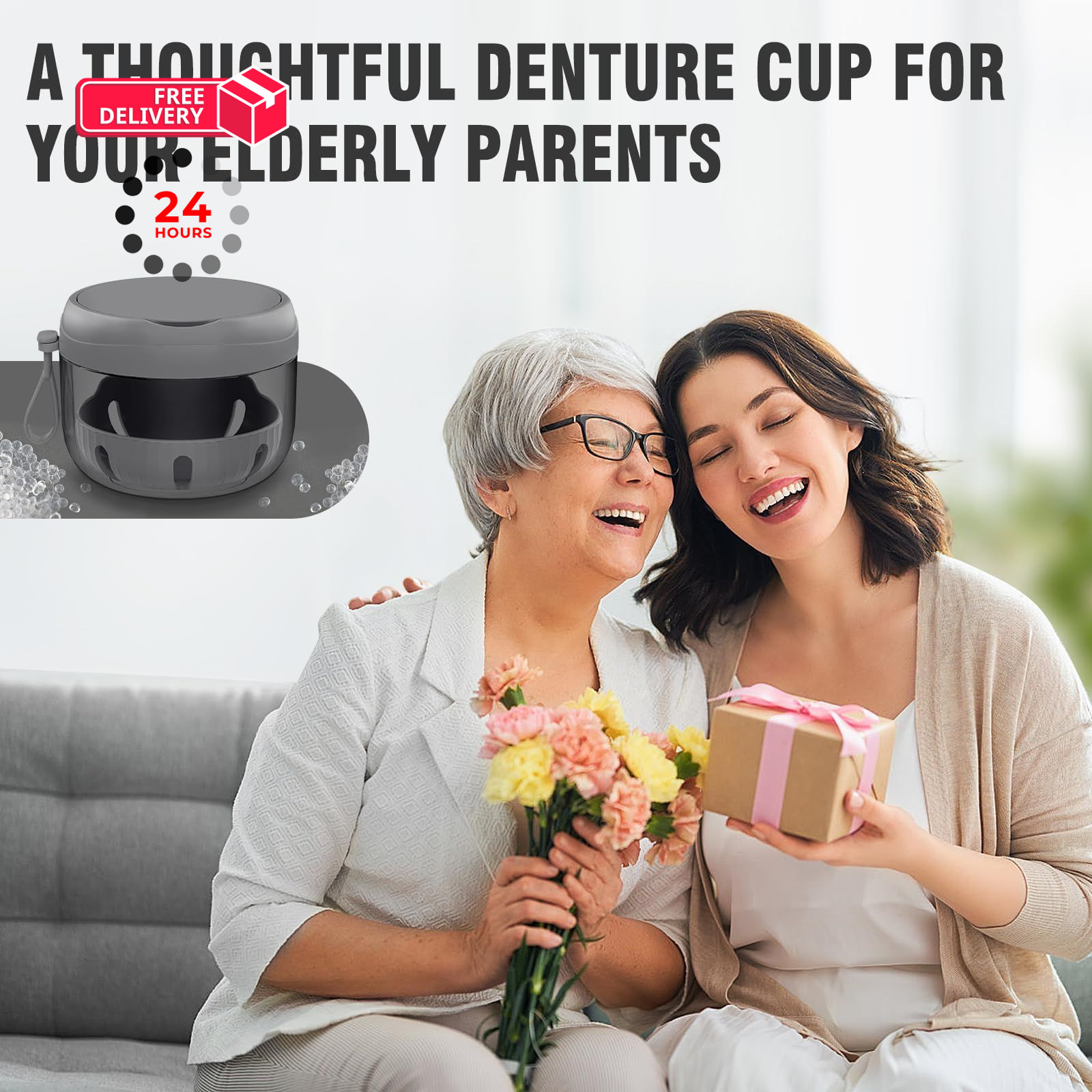 Denture Bath Box Cup, Leak Proof Cup Kit Portable Large, Black