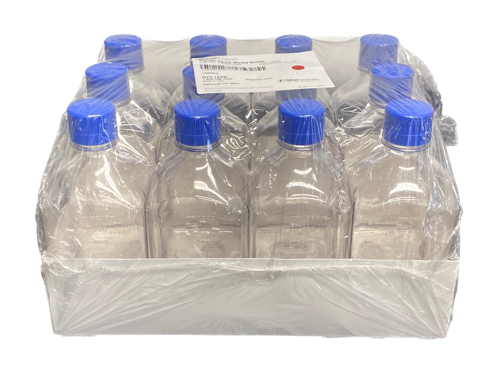 (12/Cs) FISHERBRAND 1000mL Square PETG Graduated Media Storage Bottle FBMB1000
