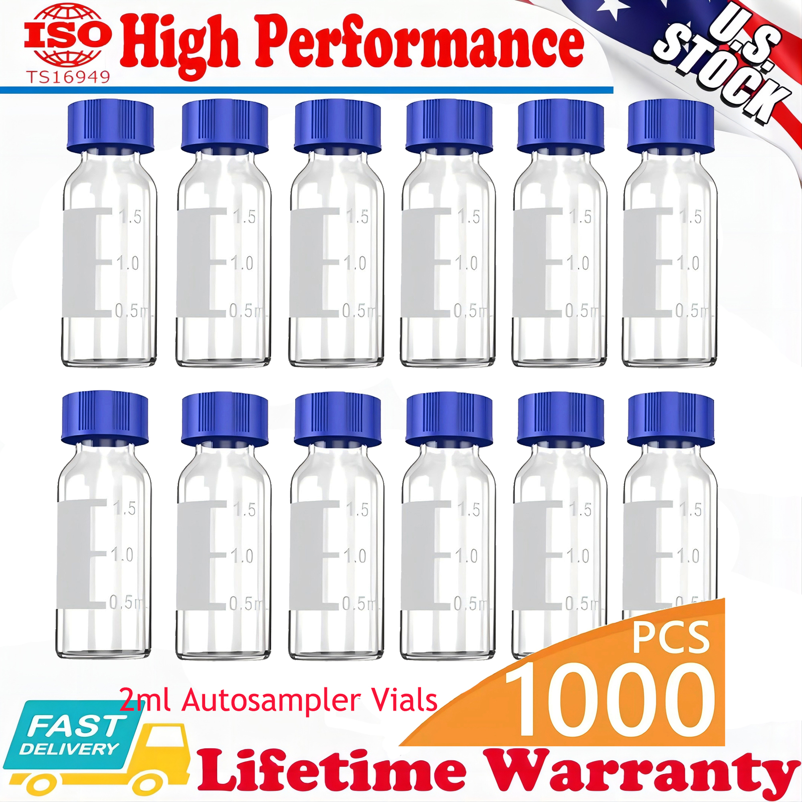 1000x 2ml Autosampler Vials + Pre-Slit Caps 9-425 Glass Bottle Screw Top HPLC GC