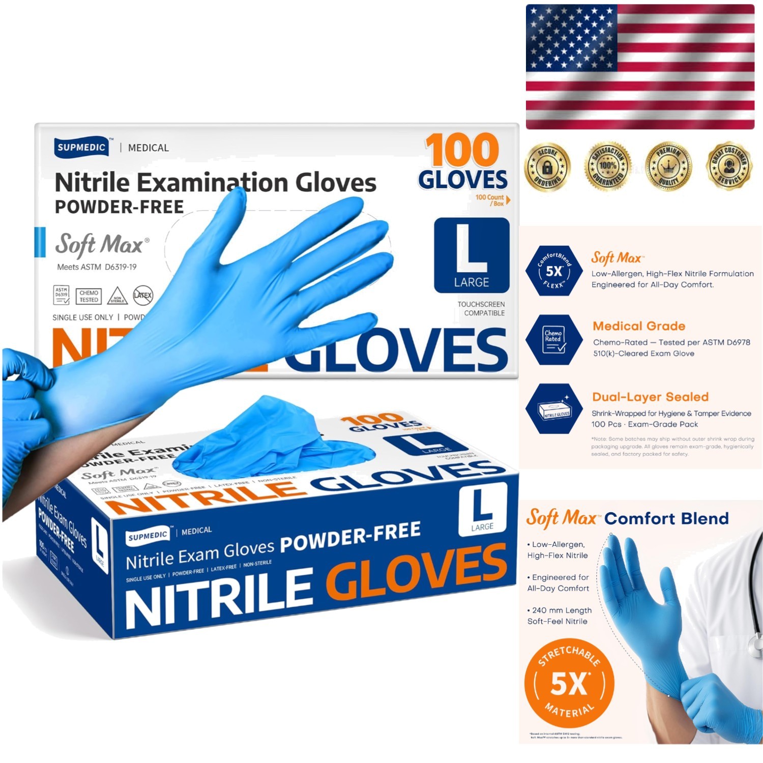 Nitrile Disposable Exam Gloves – Cut Resistant, 100 Count, Latex-Free Large Fit
