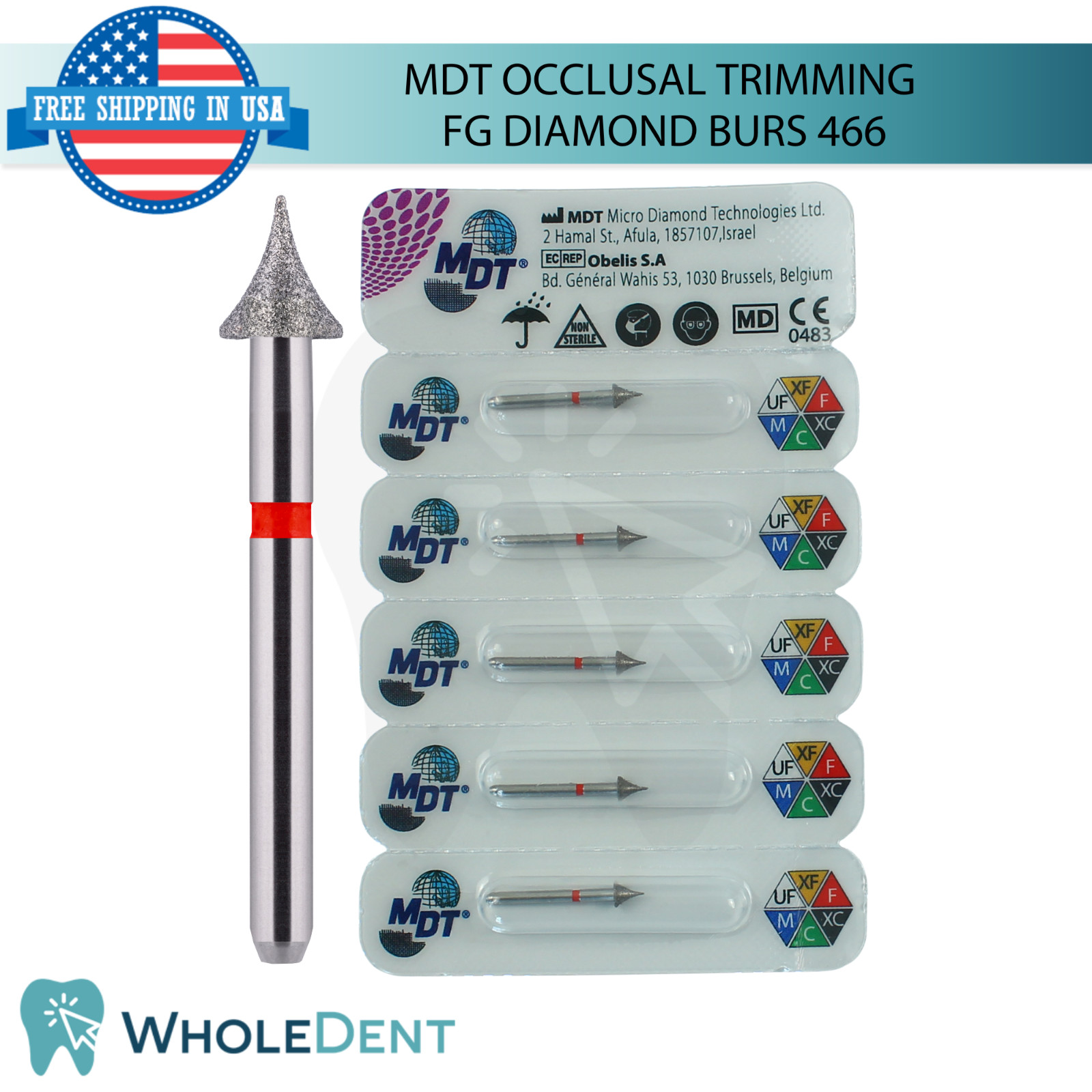Dental MDT Occlusal Trimming 466 FG Diamond Burs Fine Grit L19.0mm Prosth0dontic
