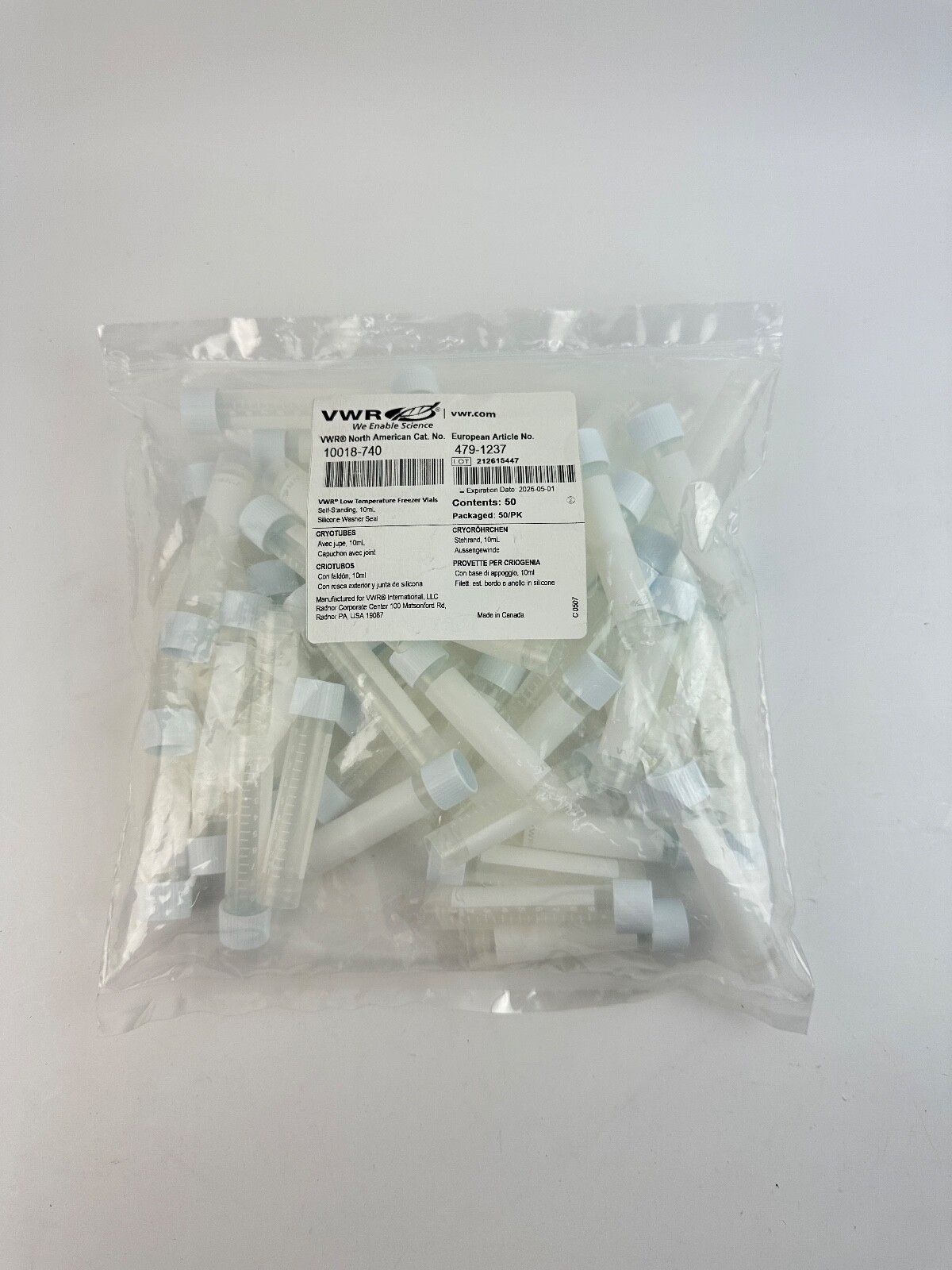 VWR Freezer Vial 10 ml External Thread Cap 17 × 84 mm PP Vials QTY: 47