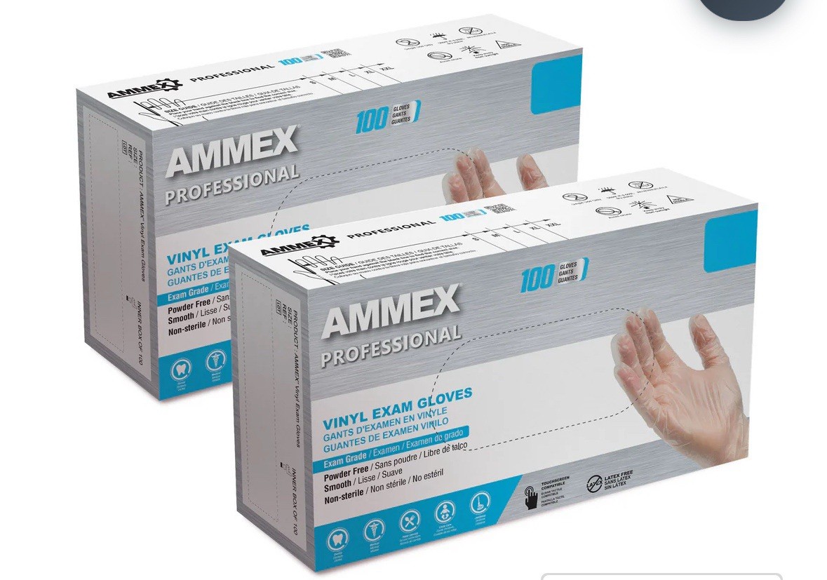 200 Exam Gloves 2 Boxes AMMEX Professional Vinyl Latex & Powder Free Size Large