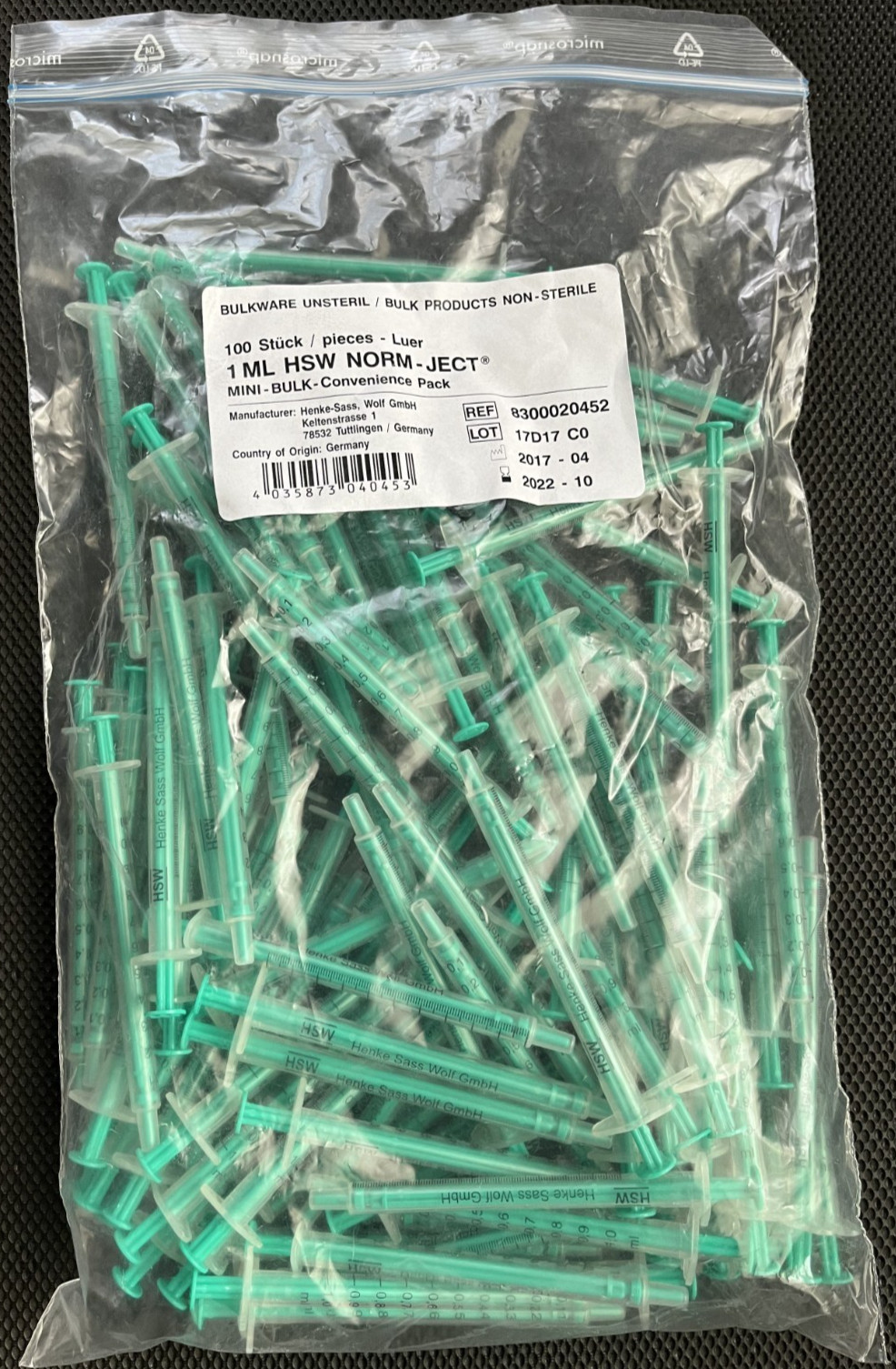 1 ML HSW ® 2-Part Luer Slip BULK Non-Sterile Syringes 8300020452, Pack of 100