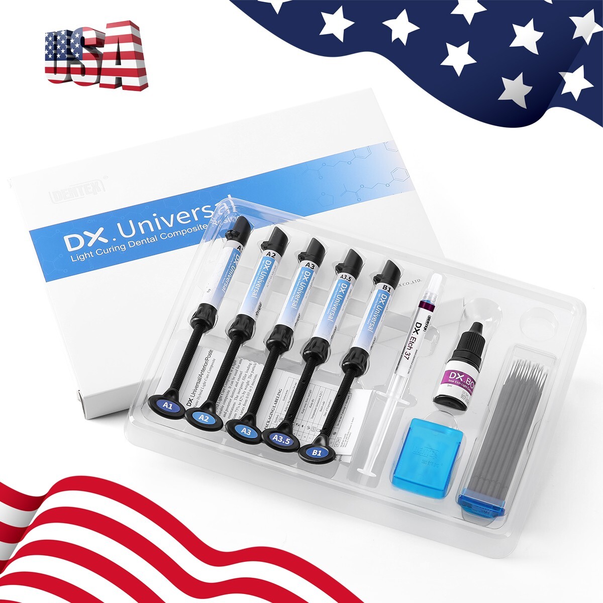 Dentex Dental Light Cure Composite Kit A1 A2 A3 A3.5 B1 Restoration Adhesive Gel
