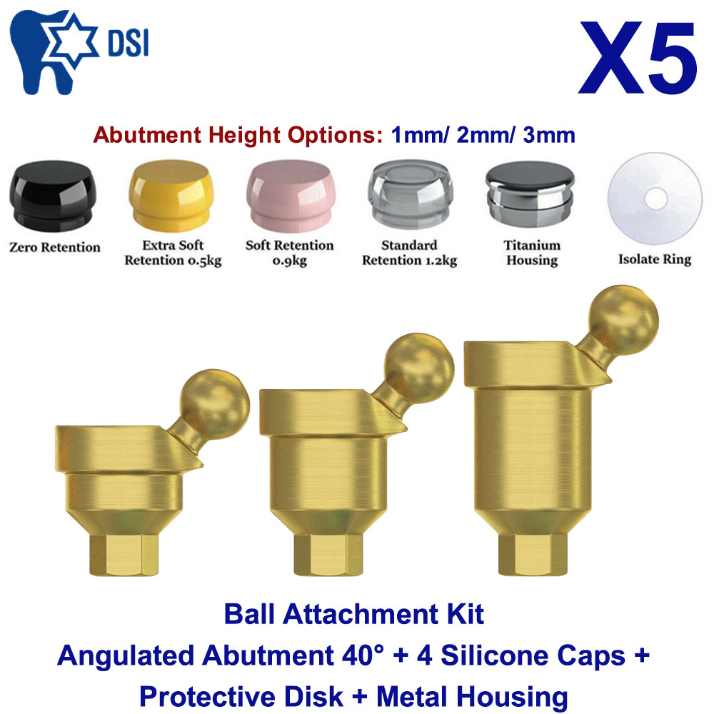 5x DSI Angulated Ball Attachment Abutment 40° Full Kit Overdenture Int Hex 2.42