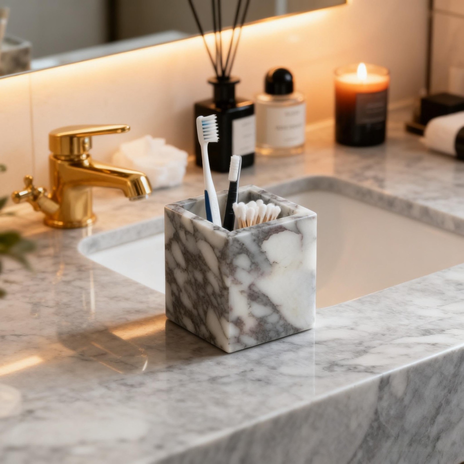 Artisanal Abode Marble Pen Holder Natural White Marble Pencil Cup And Square