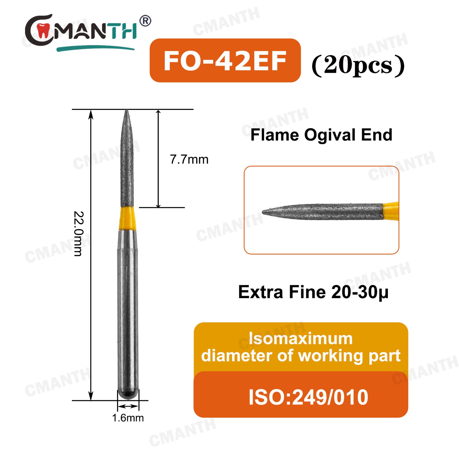 20PCS Dental Diamond Burs Flame Ogival FG Coarse/Fine Grit Polishing High Speed