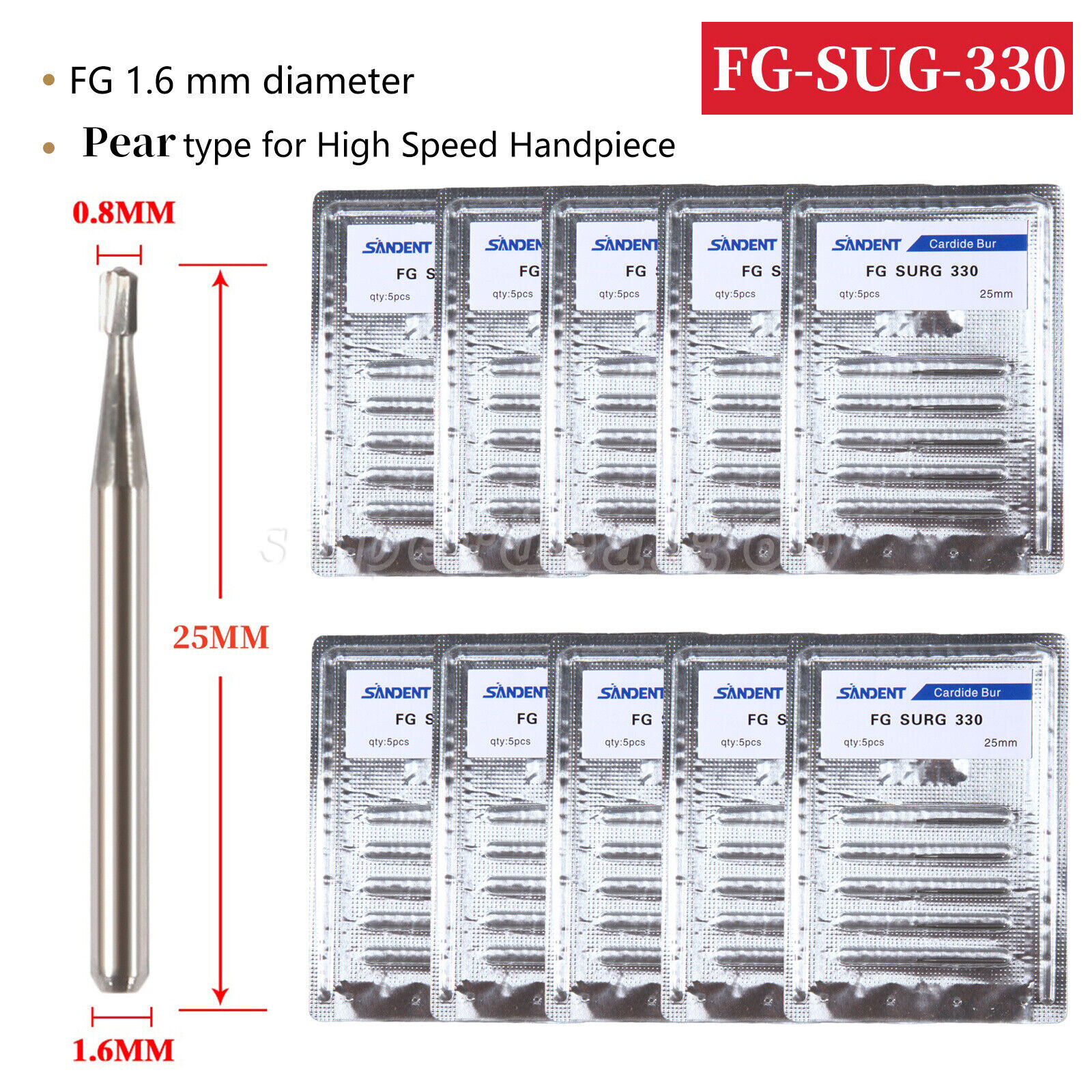 5-50PCS Dental Pear Shape Surgical Carbide Burs FG SURG 330 25mm High Speed po