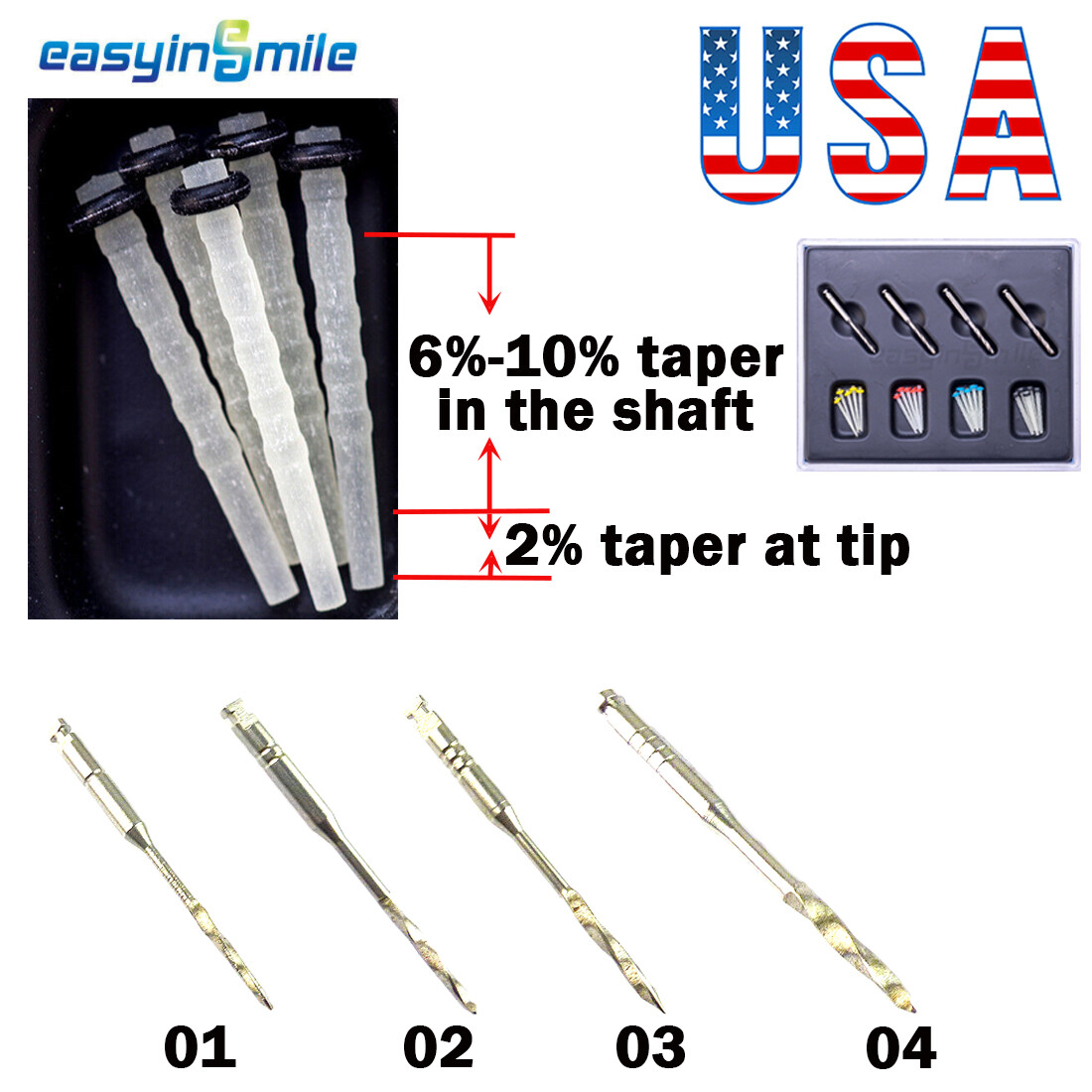 20Pc Dental Endo Fiber Posts Quartz root canal pins Resin Glass Screw Pile Posts