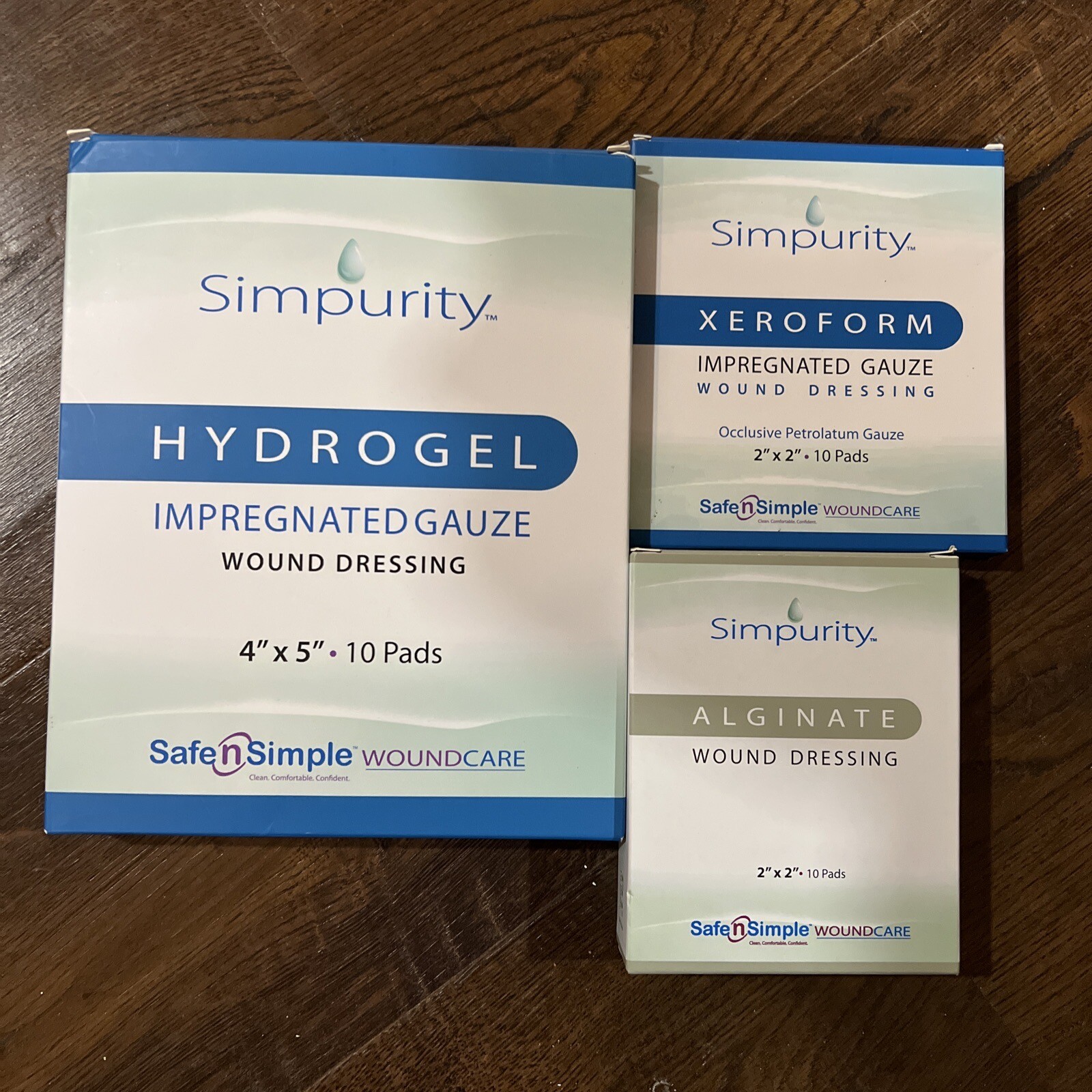 3-Simpurity Hydrogel Xeroform Alginate Impregnated Wound Dressing 4″ x 5″ 2”x2”