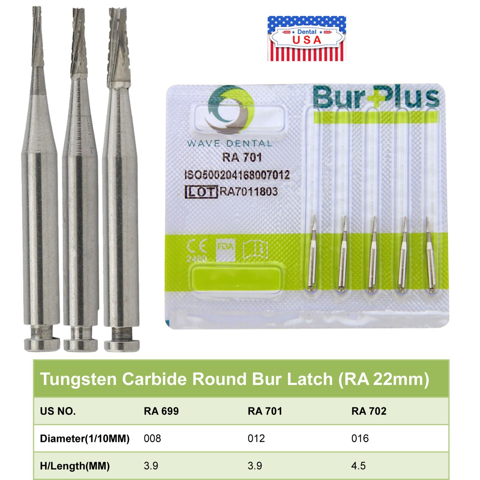 Wave Dental Tungsten Carbide Burs Taper Fissure Latch RA 699 701 702 Prima