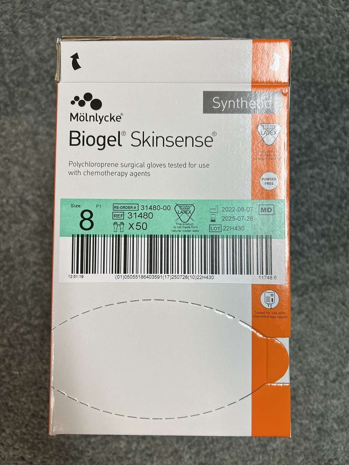 Molnlycke #31480 Biogel Skinsense Gloves, Size 8 Full Box of 50 Exp 2025