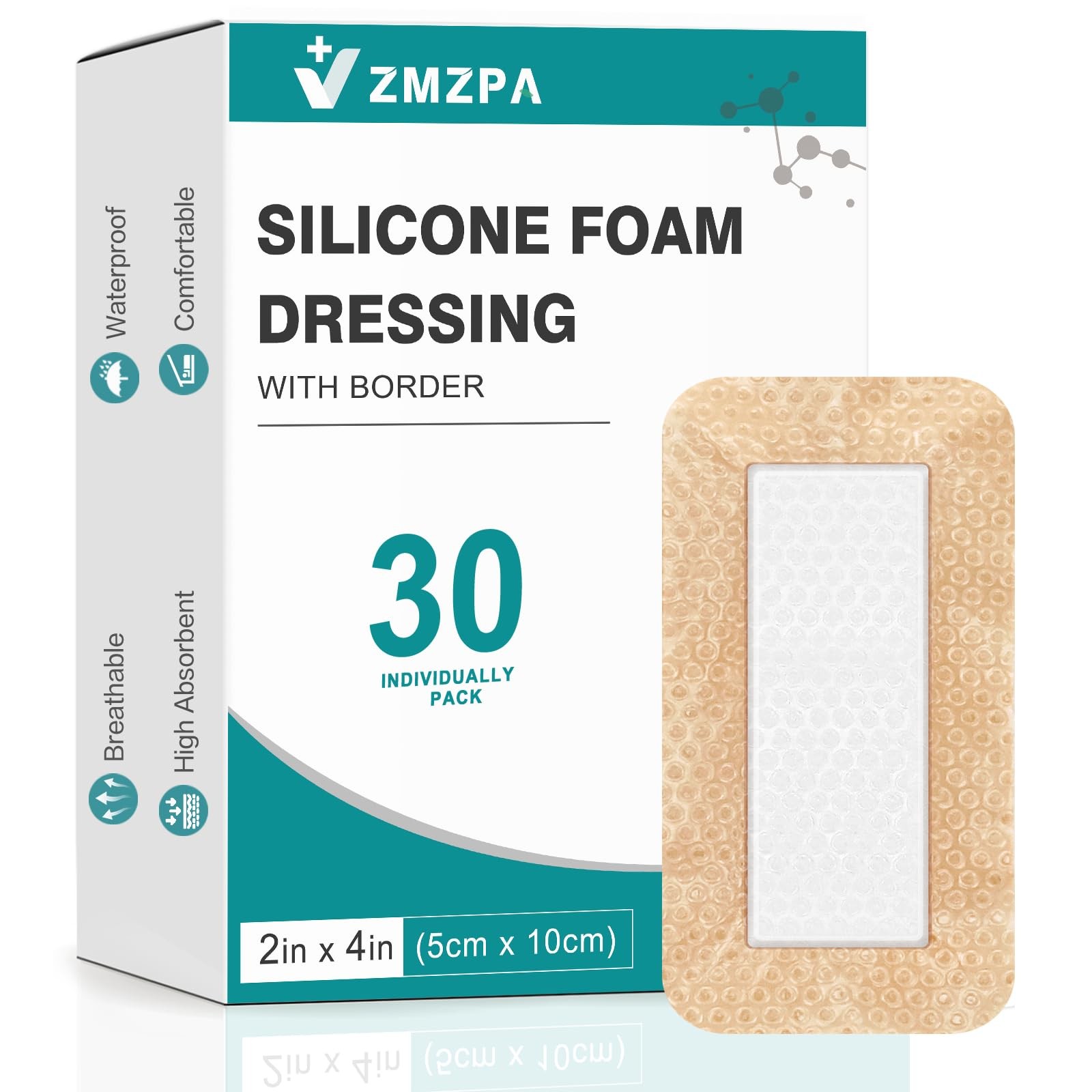 30 Pcs Silicone Foam Dressing 2×4 Gentle Border, 2»x4» (30 Packs), Skin