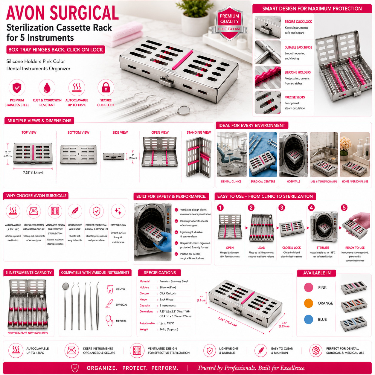 1PC GERMAN AUTOCLAVABLE STERILIZATION CASSETTE – HOLDS 5 INSTRUMENTS DENTAL PINK