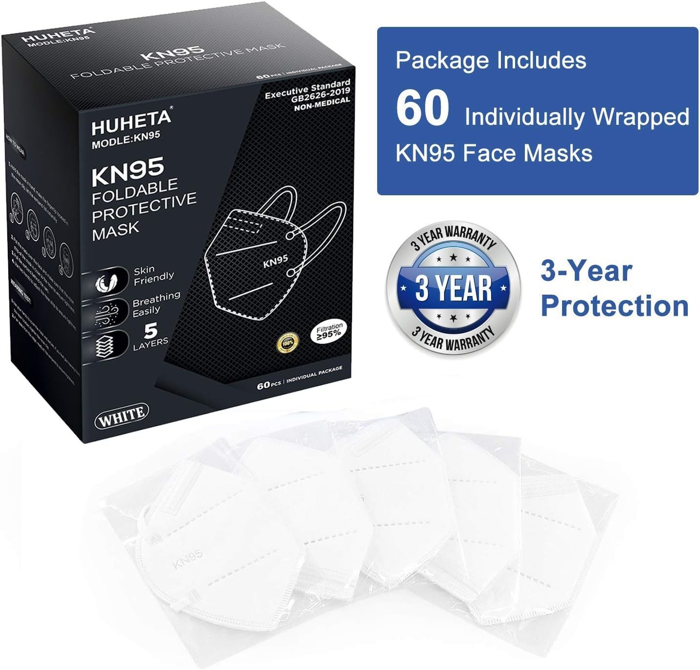 Breathable KN95 Face Masks – 60 Count with Adjustable Nose Clip for Perfect Fit
