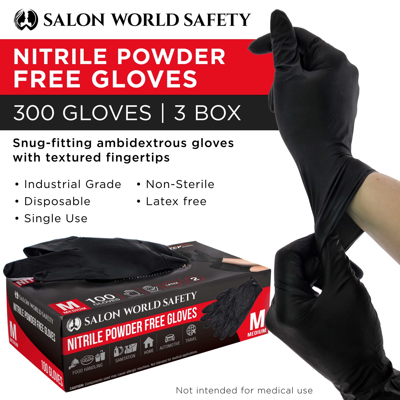 Black Nitrile Disposable Gloves, 3 Boxes of 100, Medium, 4 Mil – Latex Free