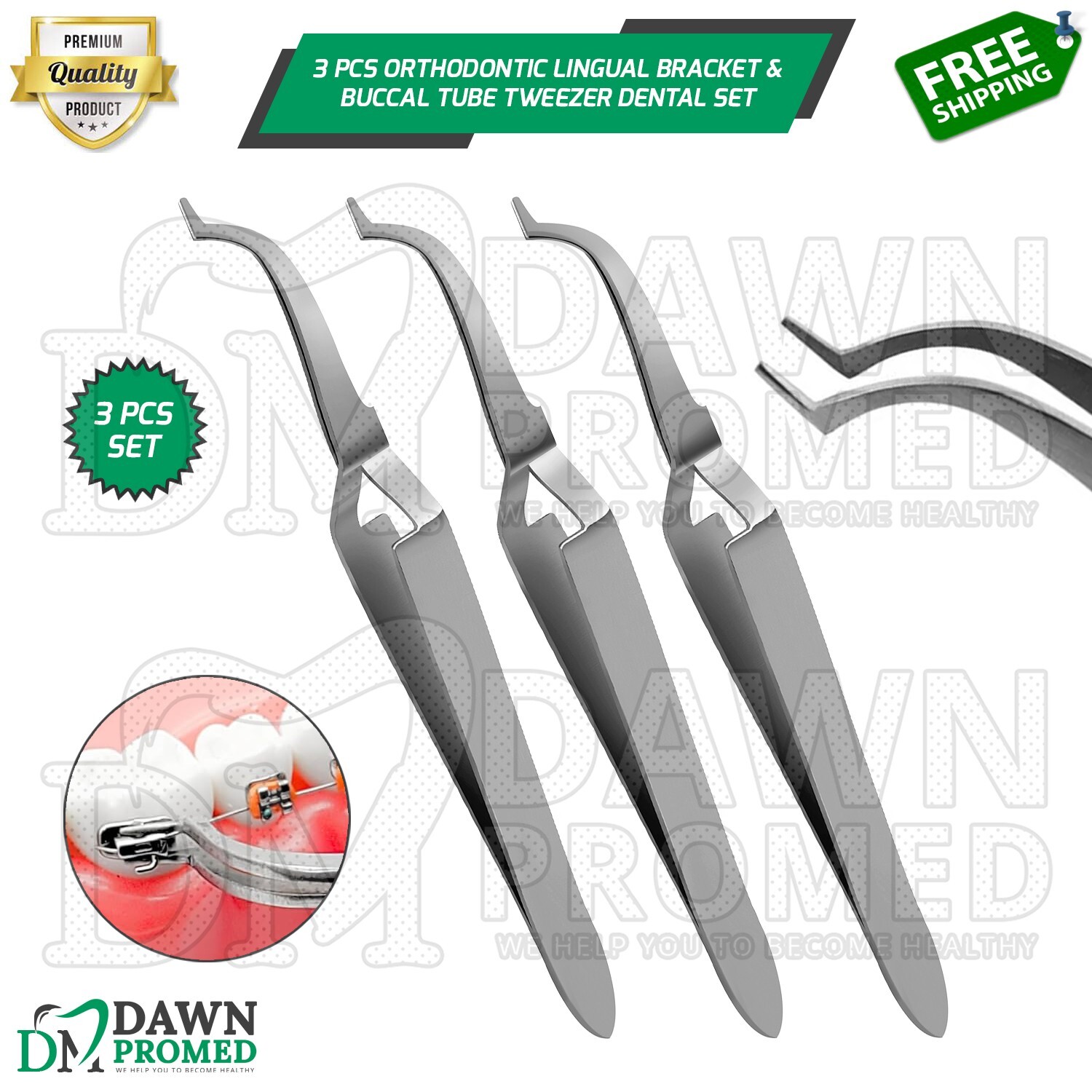 3 Pcs Orthodontic Lingual Bracket & Buccal Tube Tweezer Dental Instrument Set