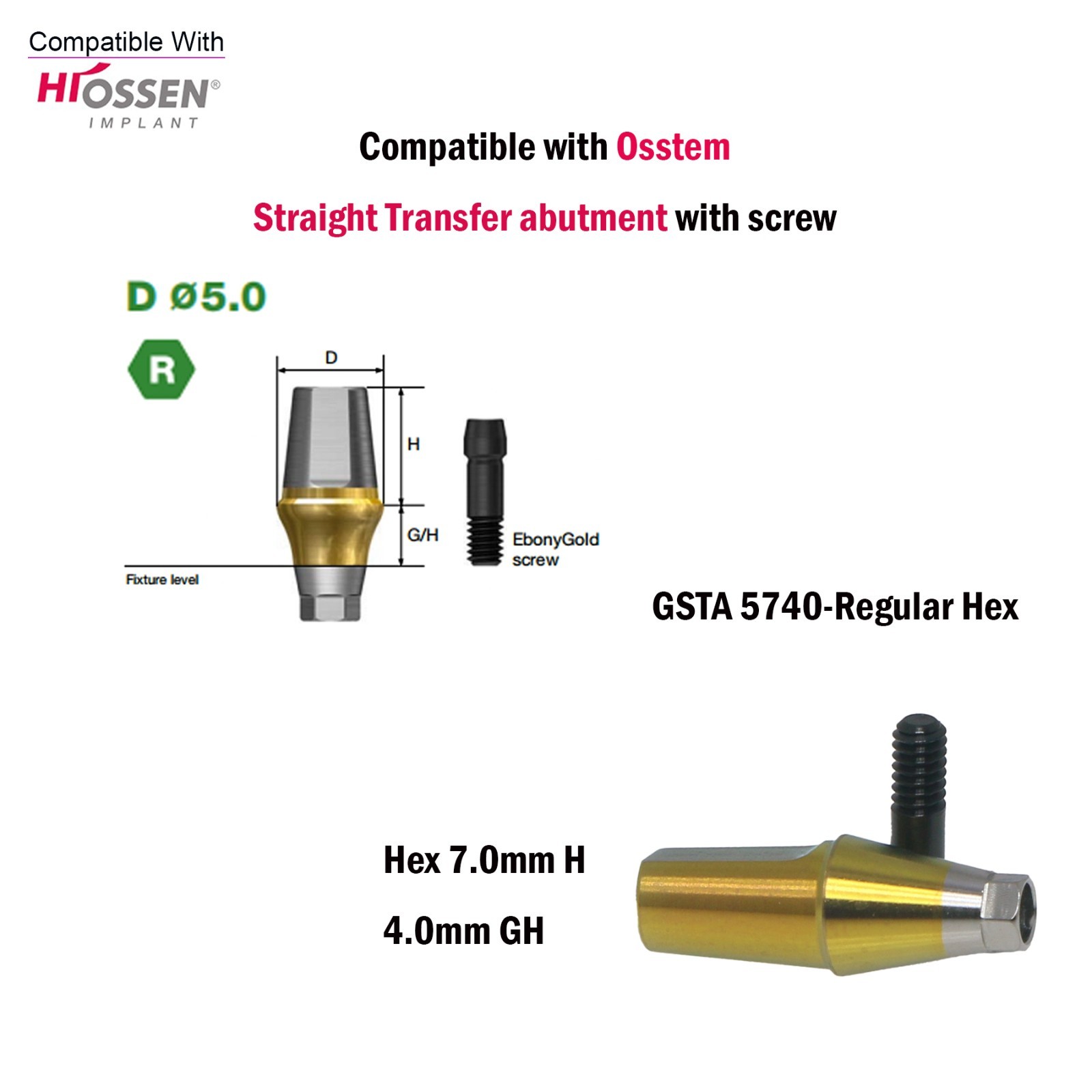 US Regular Straight Transfer Abutment Ø5.0 For Osstem Hiossen Hex 7.0mm Implants