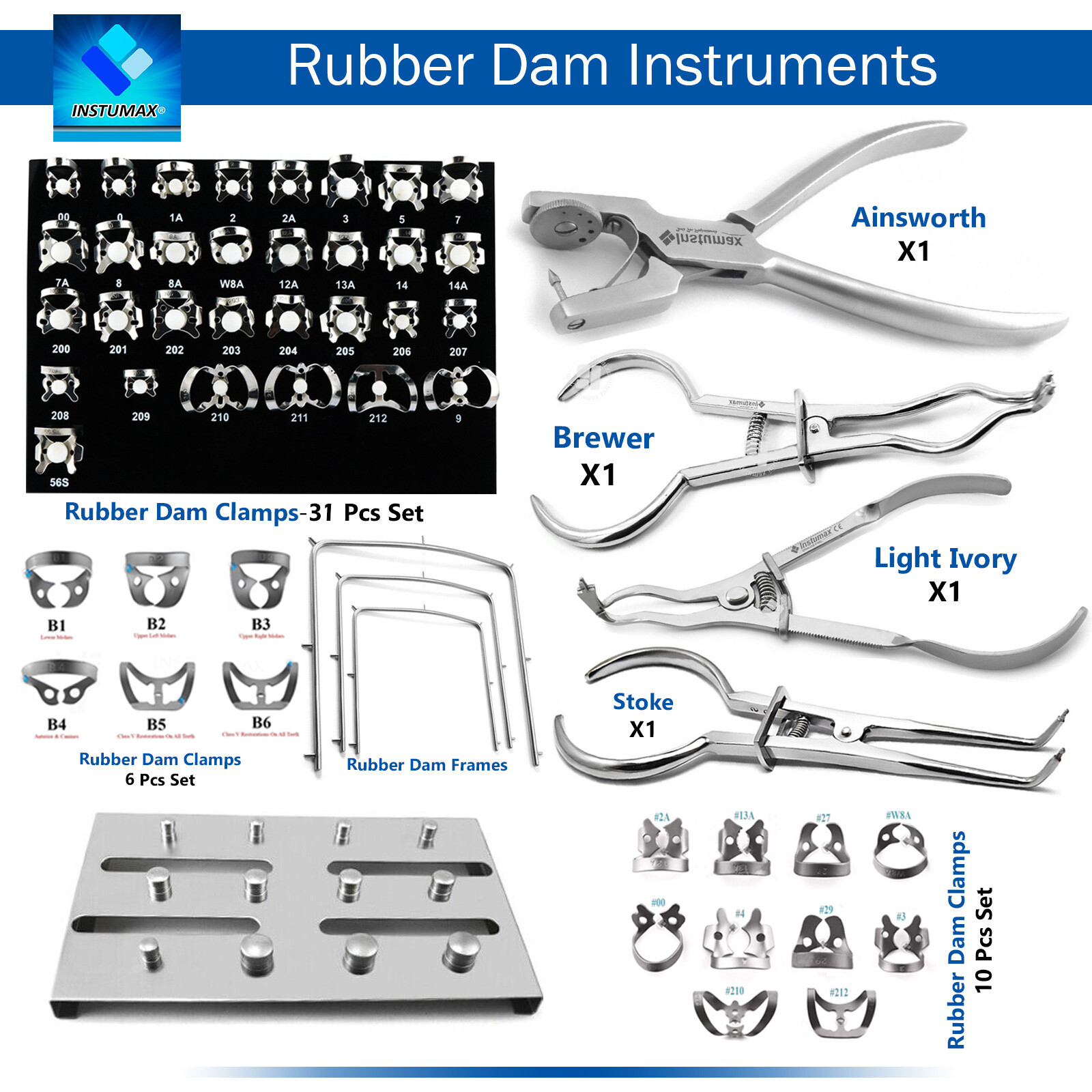 Dental Rubber Dam Instruments Kit Brinker Clamps Punch Forceps Frame Endodontics