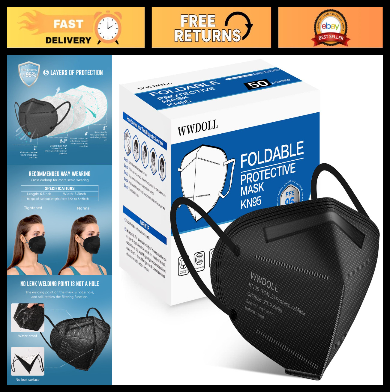 50 Pack KN95 Face Masks, 5-Layer Disposable Respirator, Breathable Black Masks