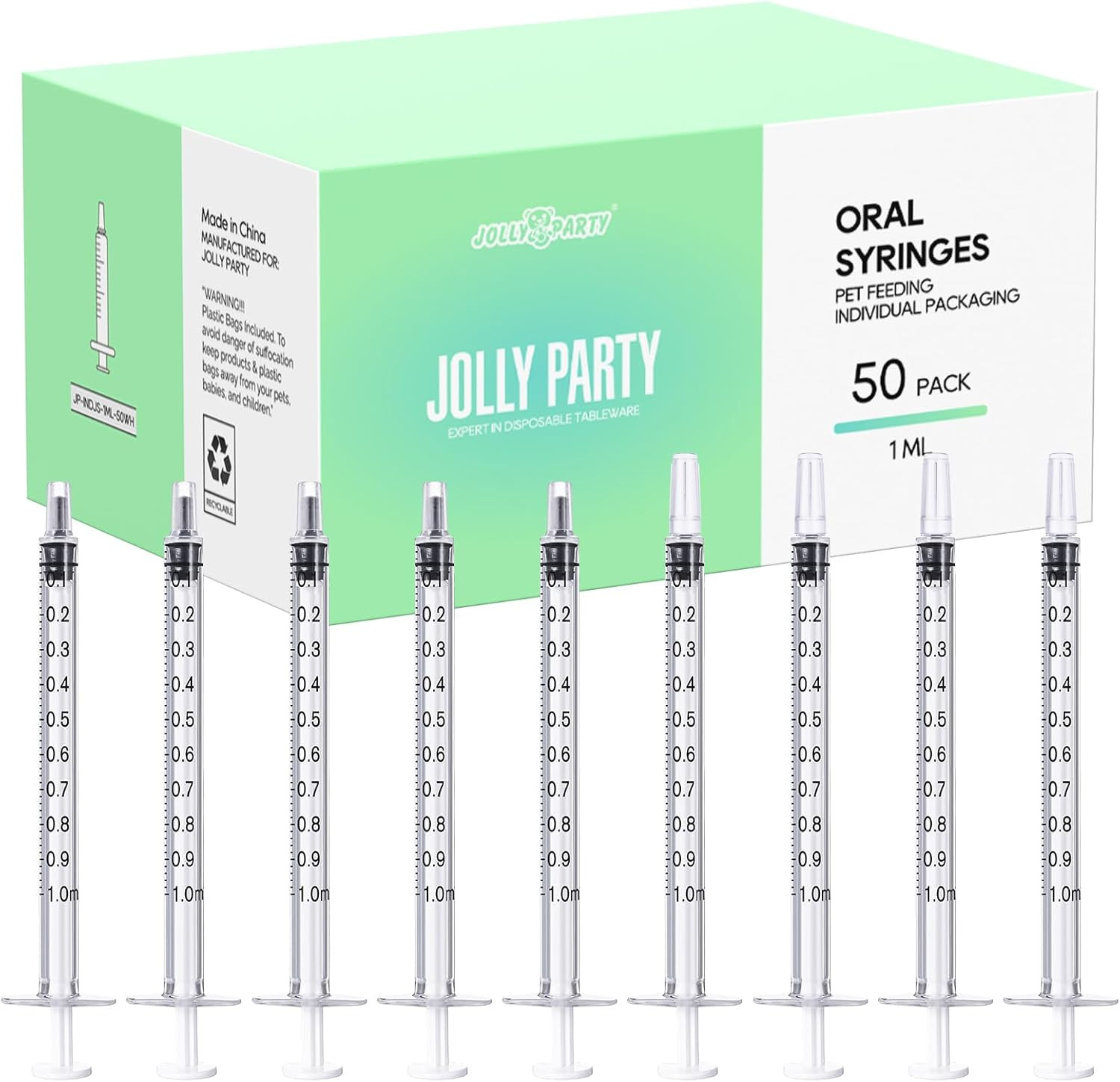 JOLLY PARTY 50 Pack 1Ml Syringes with Caps, 1Cc Syringe Needleless, Small Oral S