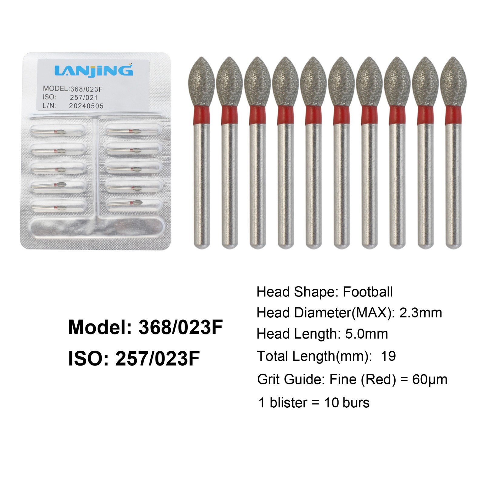 Dental Diamond Burs Football Burs FG Fine Red High Speed 368/023F Friction Grip