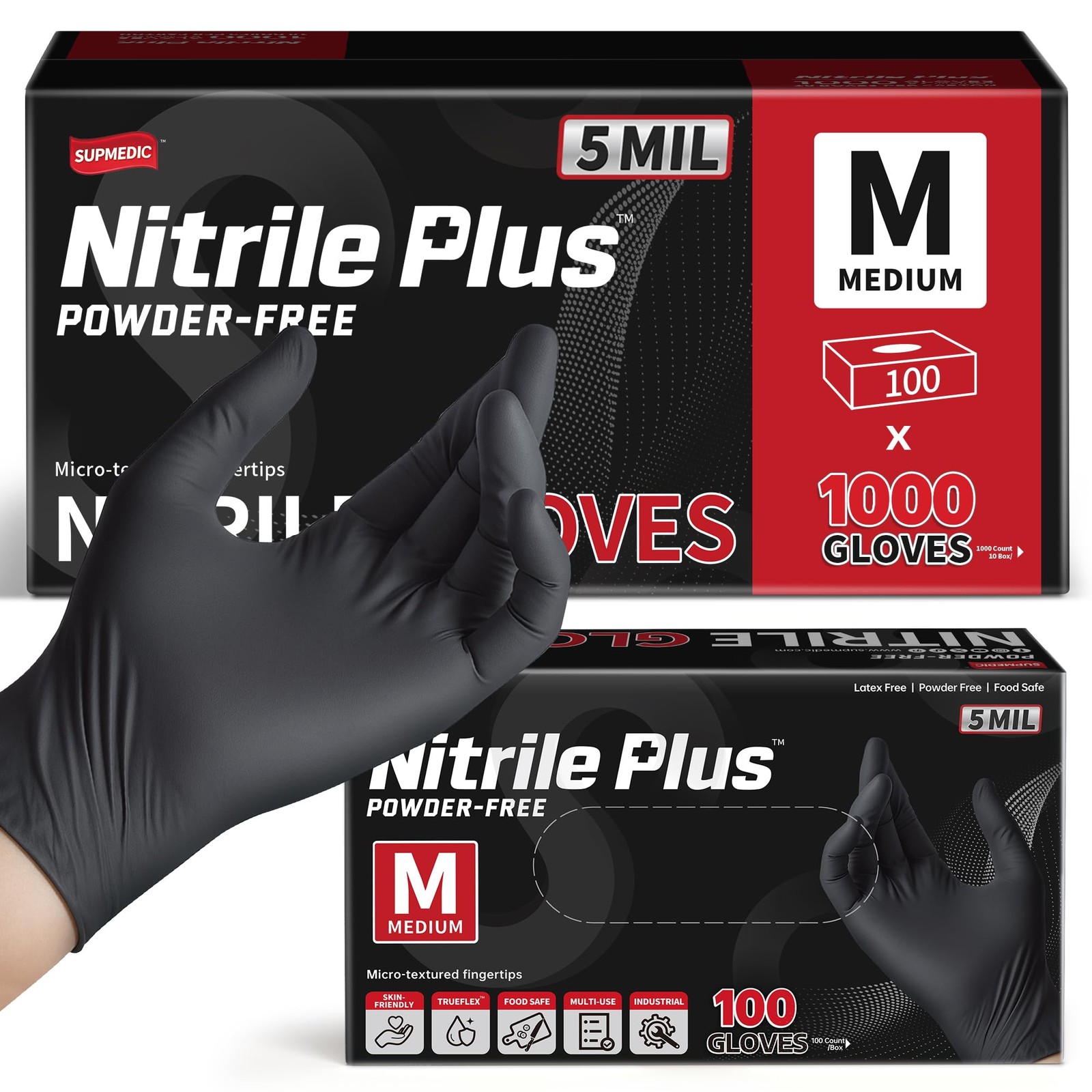 Supmedic Black Nitrile Exam Glove, 5 mil Powder-Free Latex-Free Disposable Medic