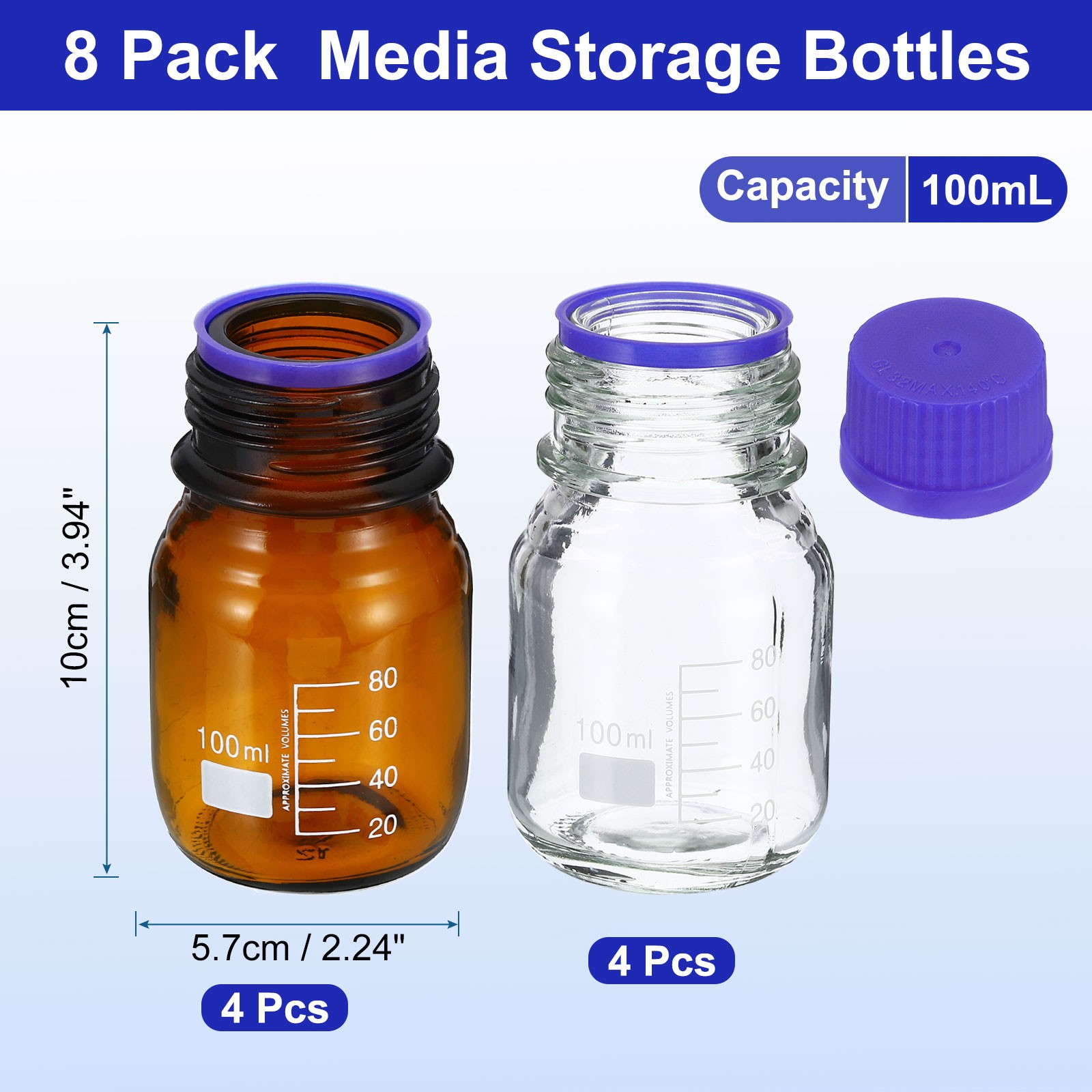 100ml Sample Bottle, 8 Pack Reagent Media Storage Bottles Glass